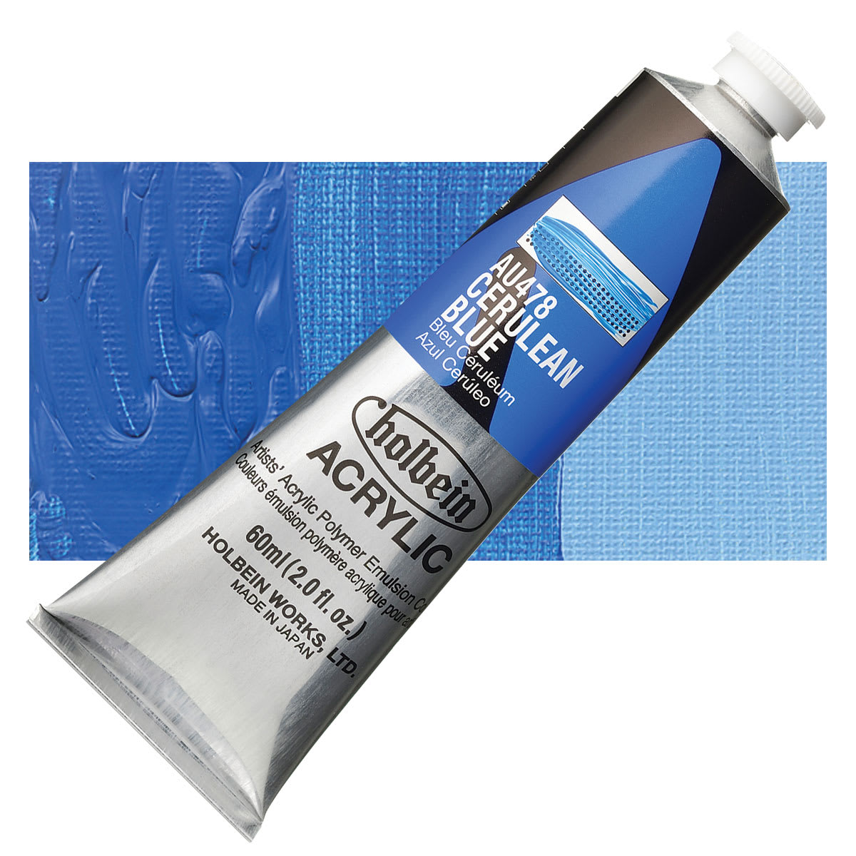 Holbein Heavy Body Artist Acrylic Paint - Cerulean Blue, 60 ml tube and swatch