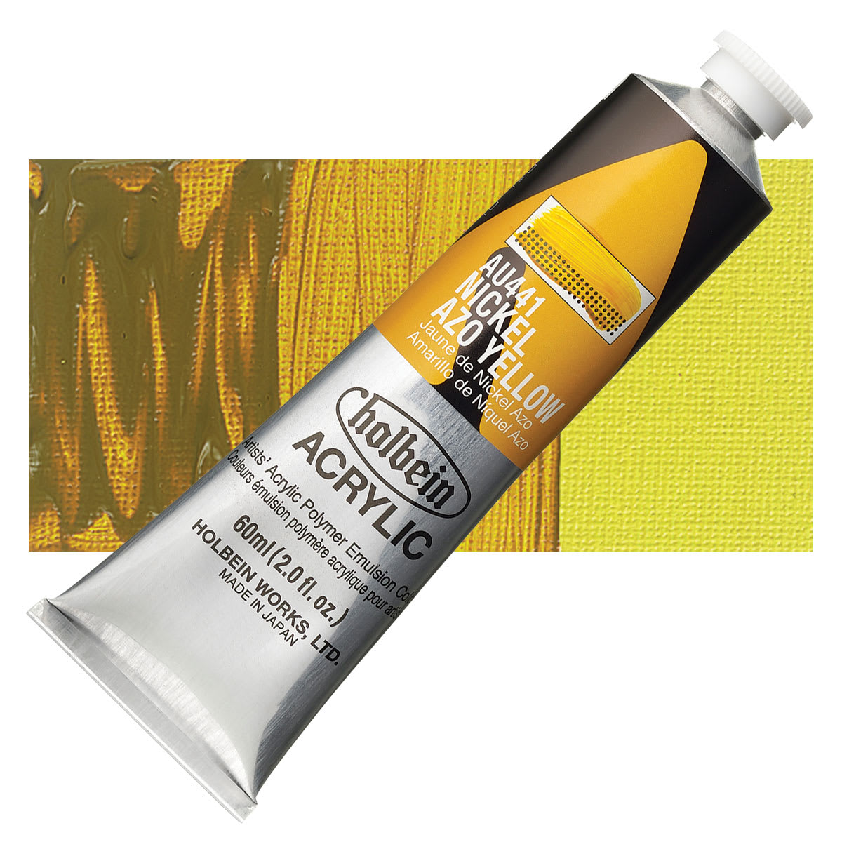 Holbein Heavy Body Artist Acrylic Paint - Nickel Azo Yellow, 60 ml tube and swatch