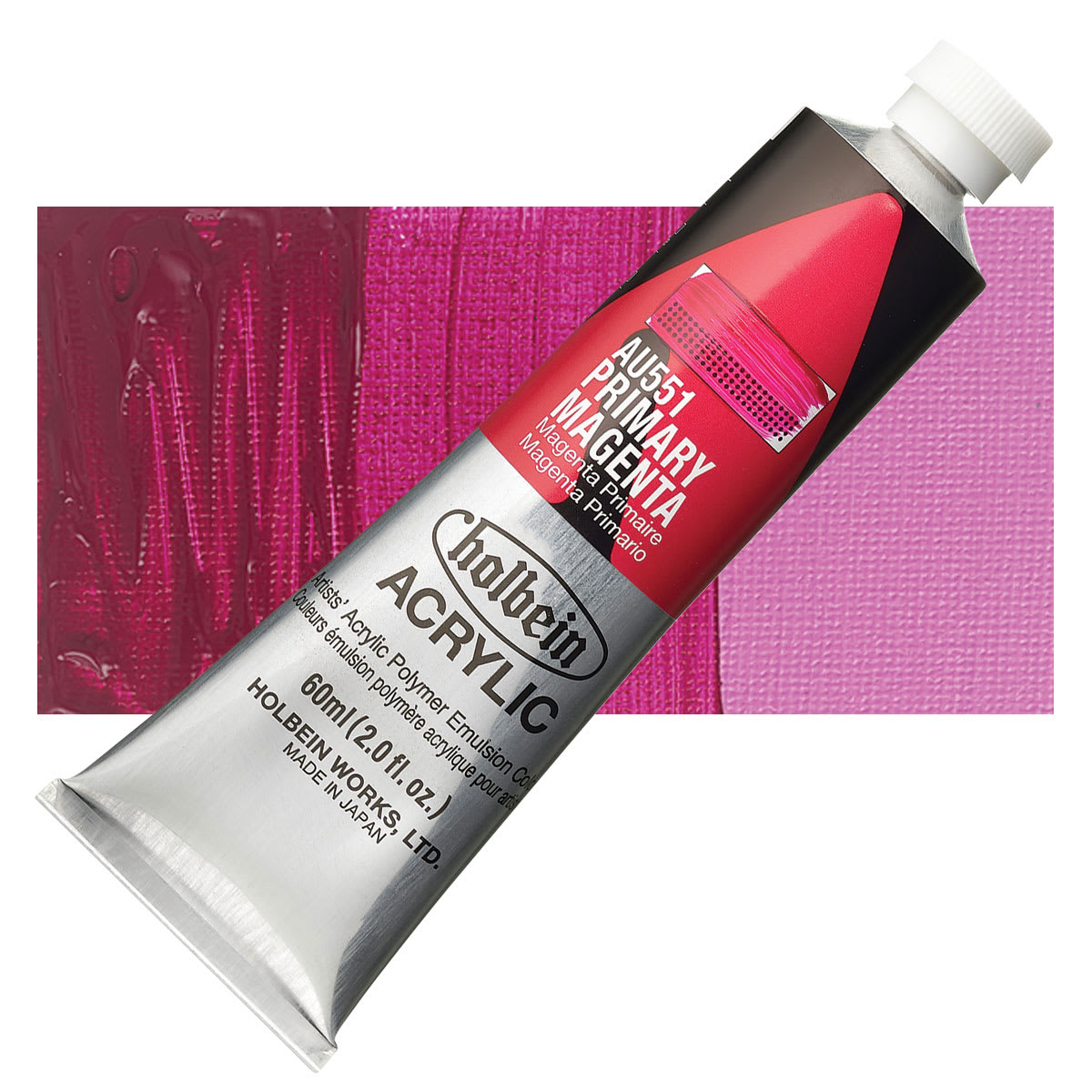 Holbein Heavy Body Artist Acrylic Paint - Primary Magenta, 60 ml tube and swatch