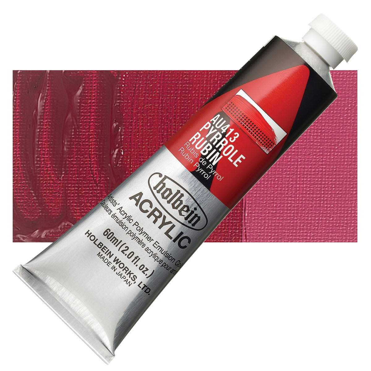 Holbein Heavy Body Artist Acrylic Paint - Pyrrole Rubine, 60 ml tube and swatch