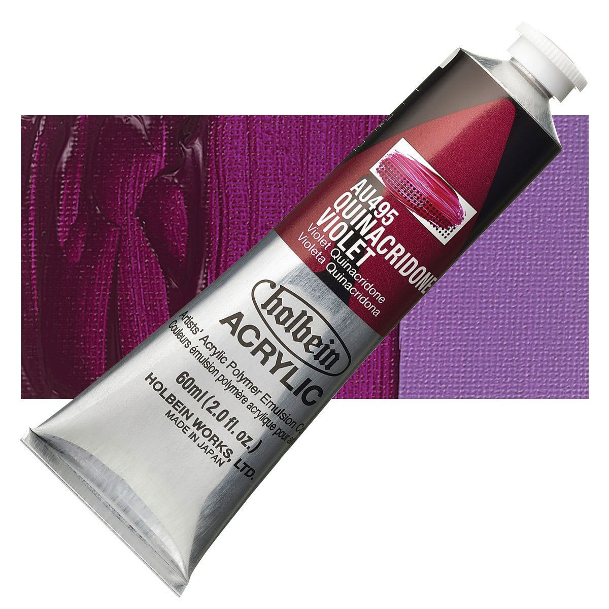 Holbein Heavy Body Artist Acrylic Paint - Quinacridone Violet, 60 ml tube and swatch