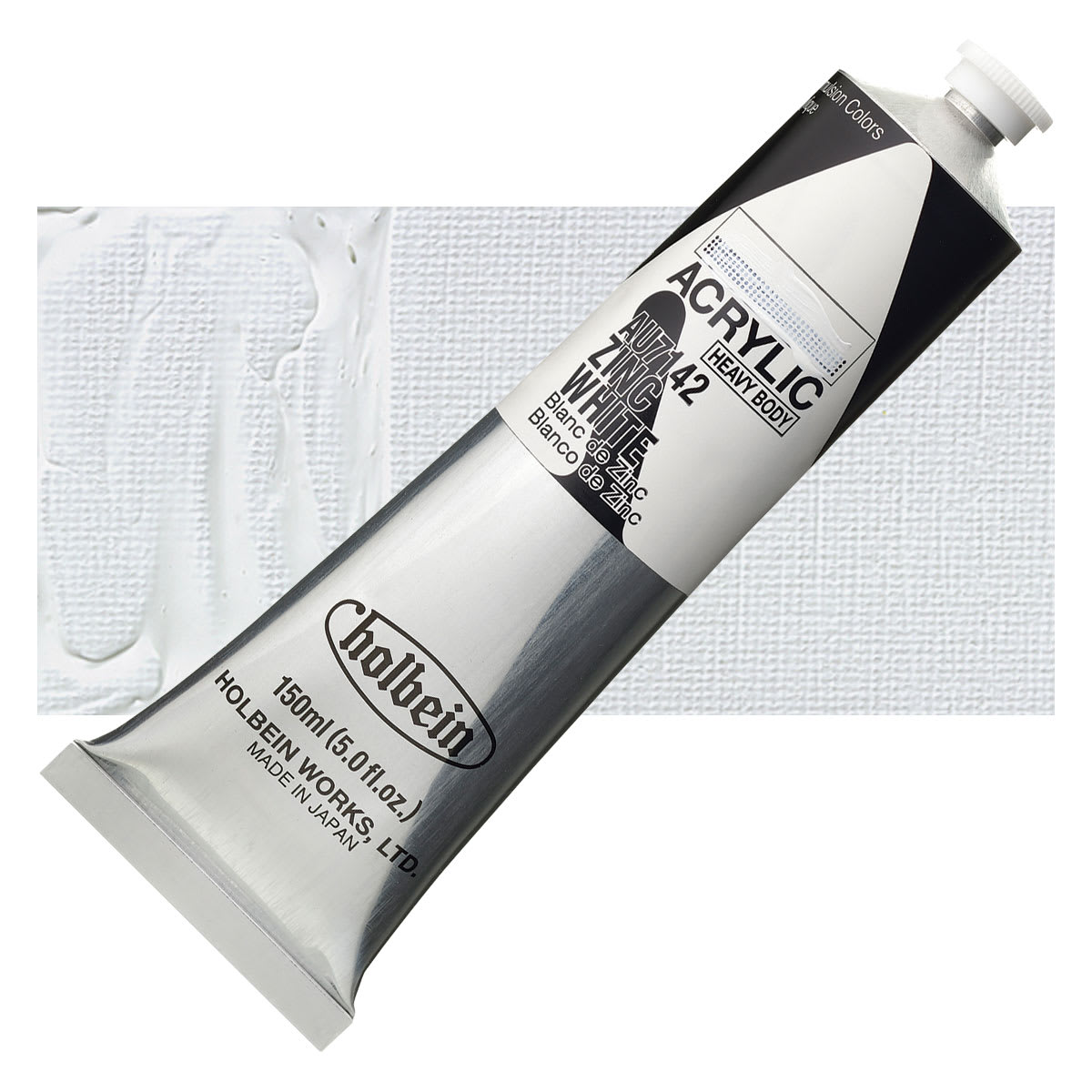 Holbein Heavy Body Artist Acrylic Paint - Zinc White, 150 ml tube and swatch