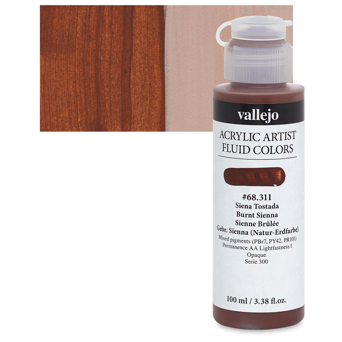 Vallejo Fluid Acrylic - Burnt Sienna, 100 ml and swatch