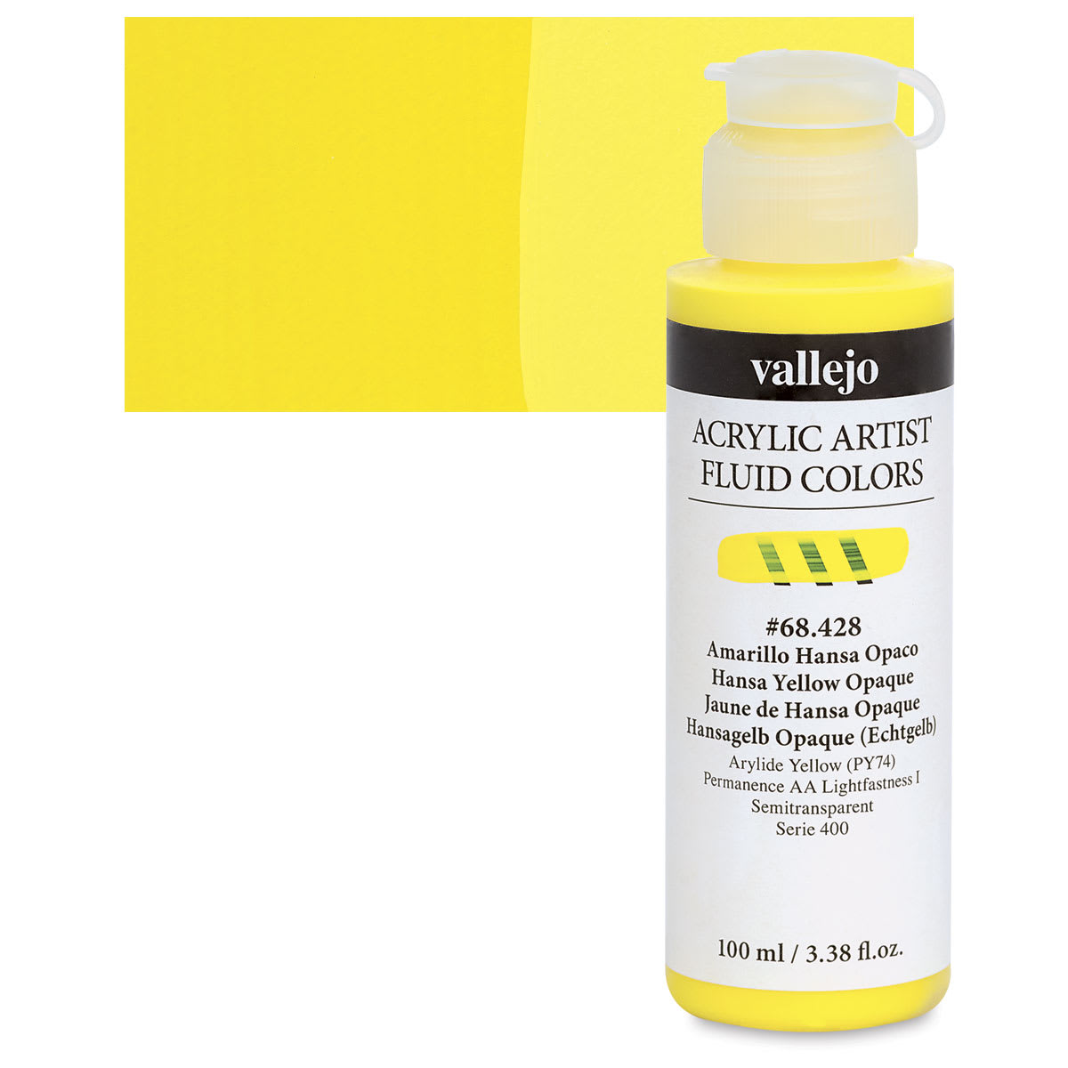 Vallejo Fluid Acrylic - Hansa Yellow Opaque, 100 ml and swatch