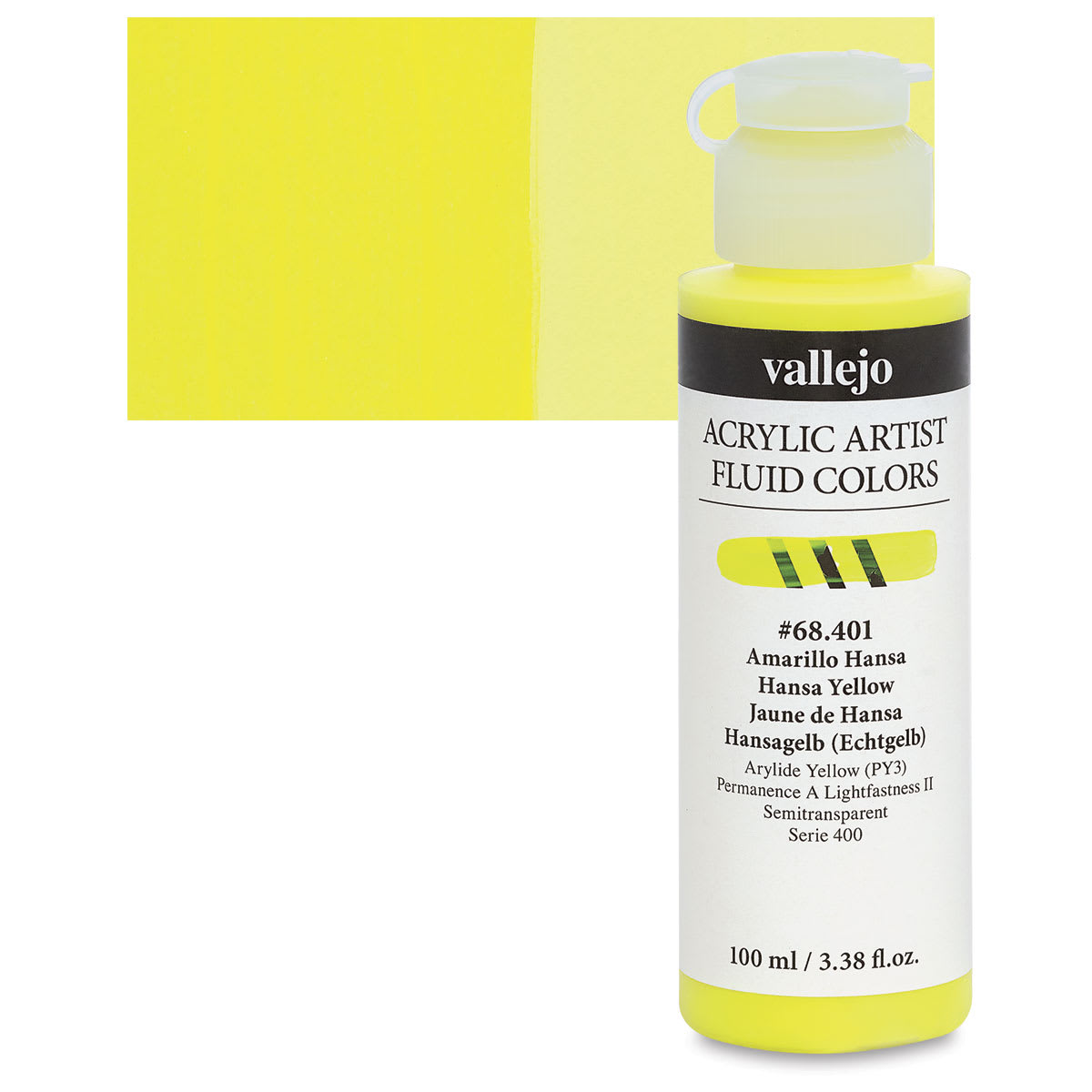 Vallejo Fluid Acrylic - Hansa Yellow, 100 ml and swatch