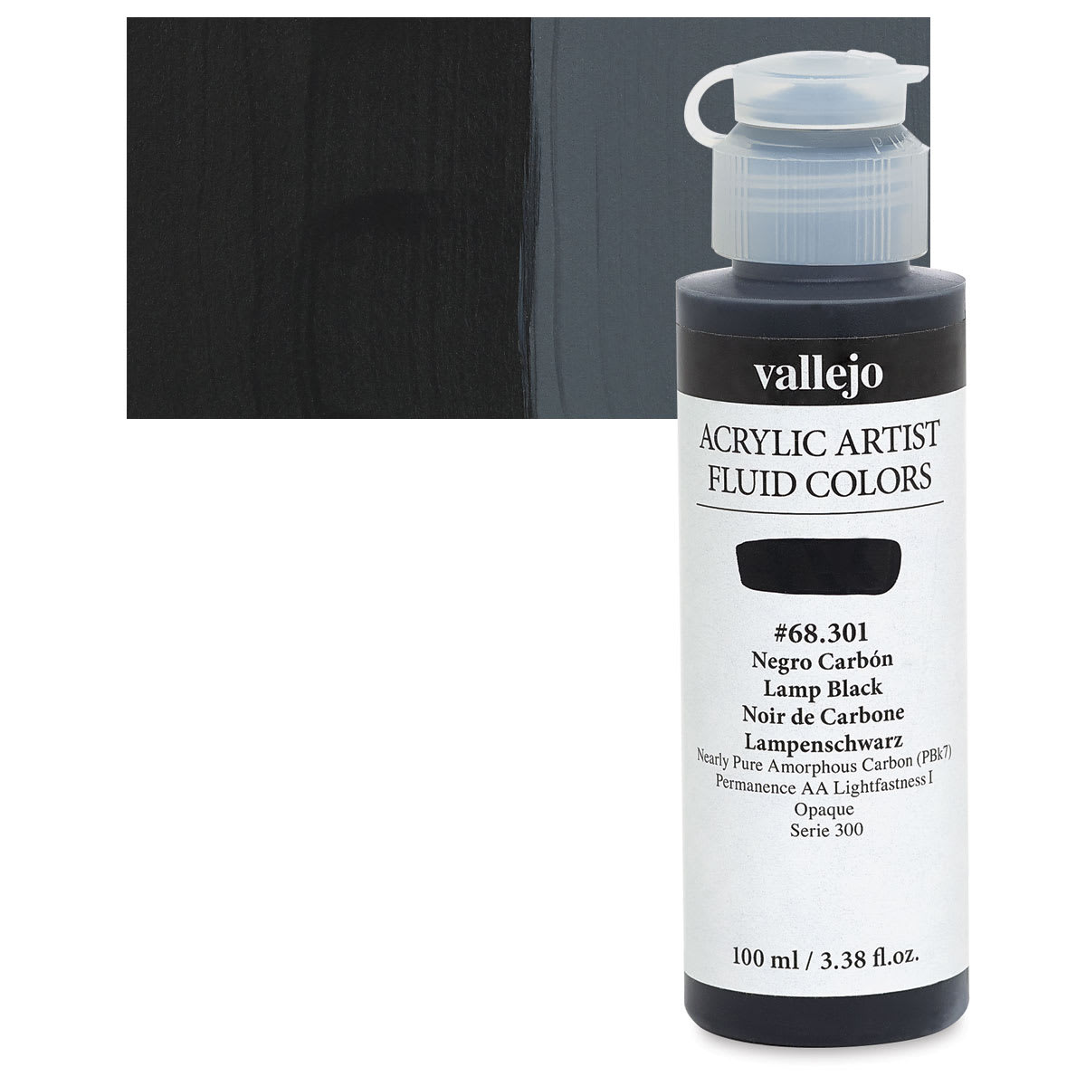 Vallejo Fluid Acrylic - Lamp Black, 100 ml and swatch