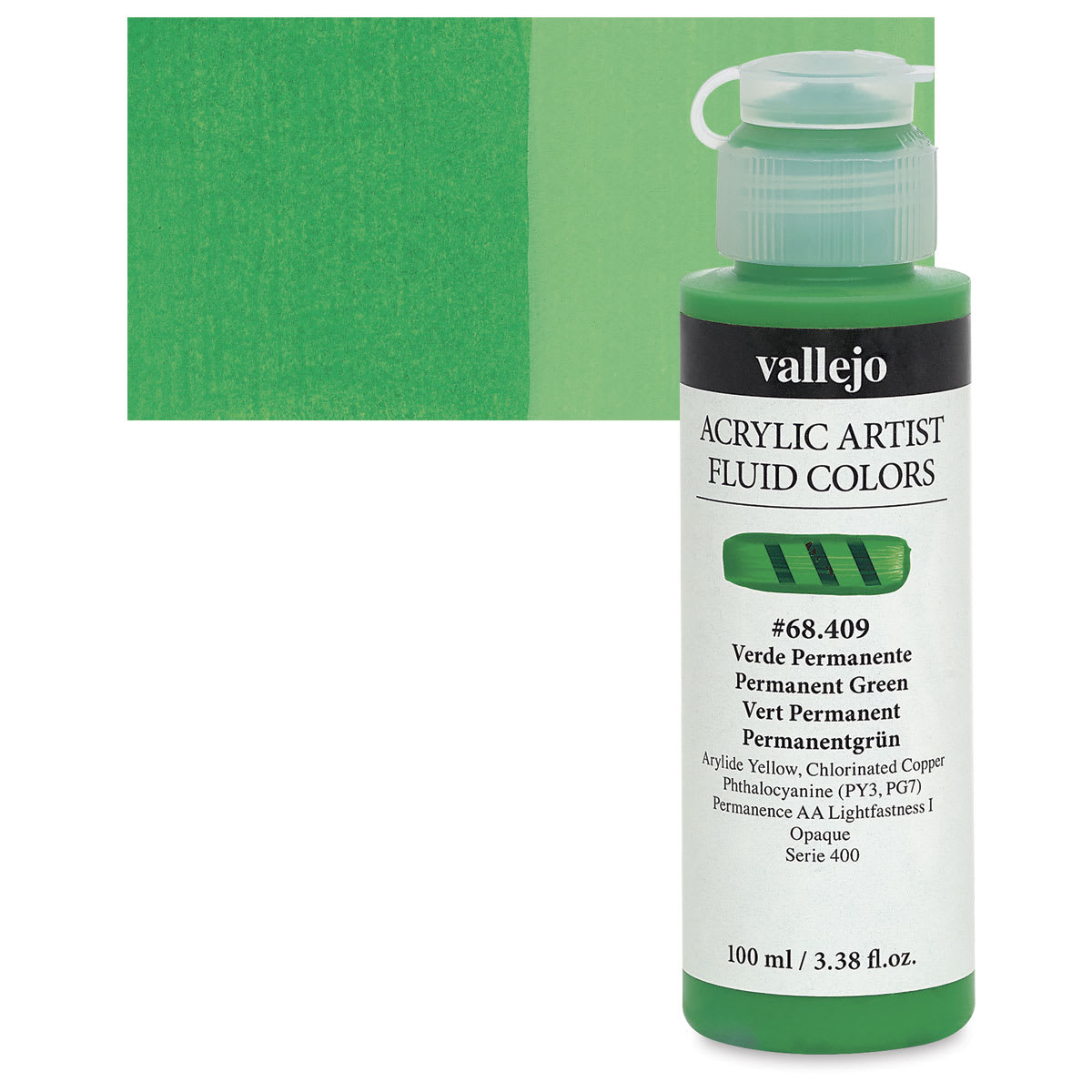 Vallejo Fluid Acrylic - Permanent Green, 100 ml and swatch