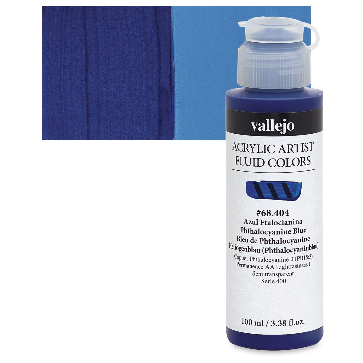 Vallejo Fluid Acrylic - Phthalocyanine Blue, 100 ml and swatch