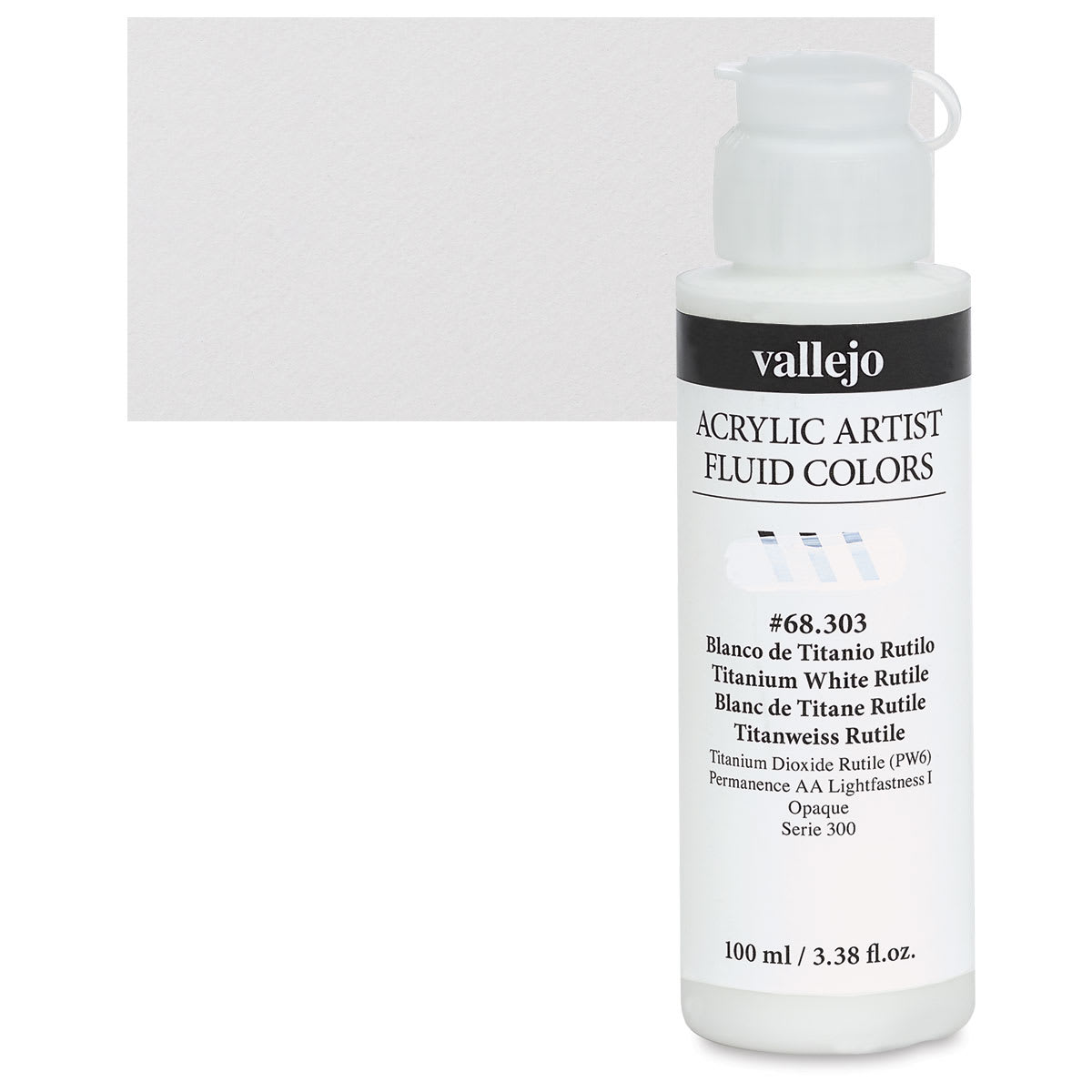 Vallejo Fluid Acrylic - Titanium White Rutile, 100 ml and swatch