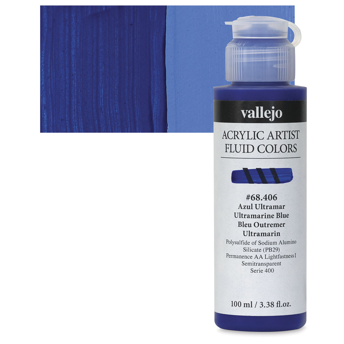 Vallejo Fluid Acrylic - Ultramarine Blue, 100 ml and swatch