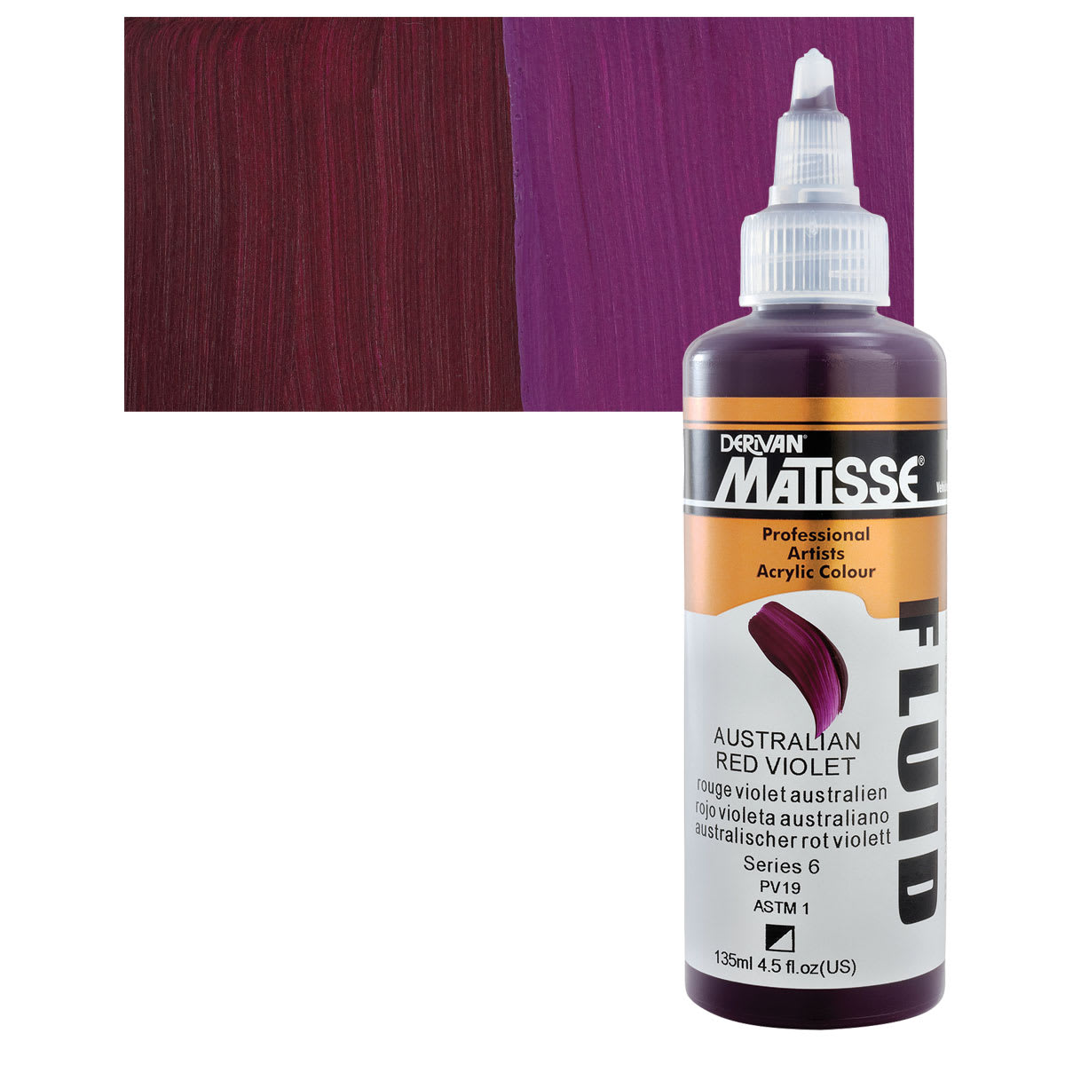 Matisse Fluid Acrylic - Australian Red Violet, 135 ml bottle and swatch