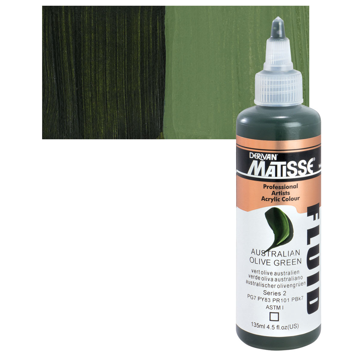 Matisse Fluid Acrylic - Australian Olive Green, 135 ml bottle and swatch