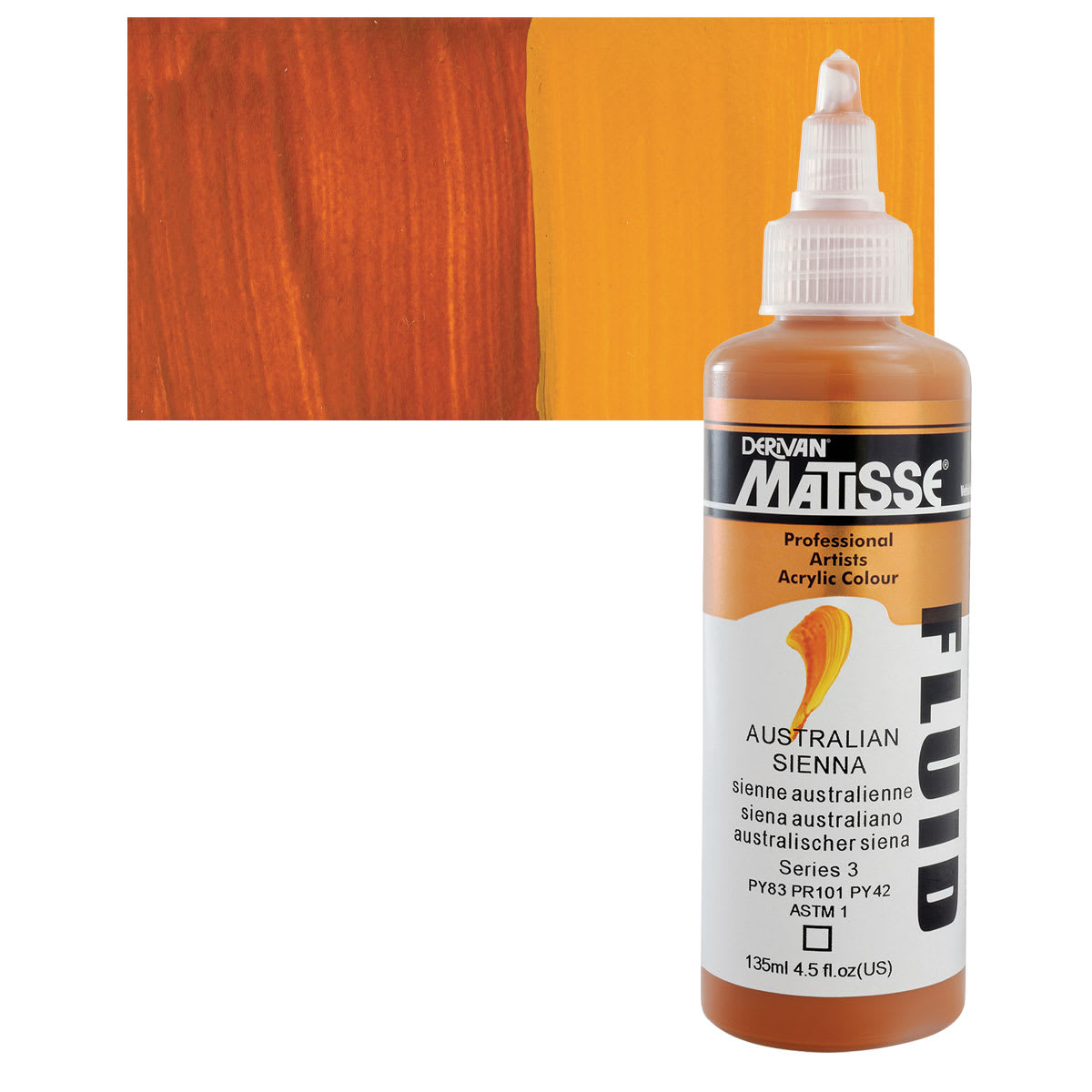 Matisse Fluid Acrylic - Australian Sienna, 135 ml bottle and swatch