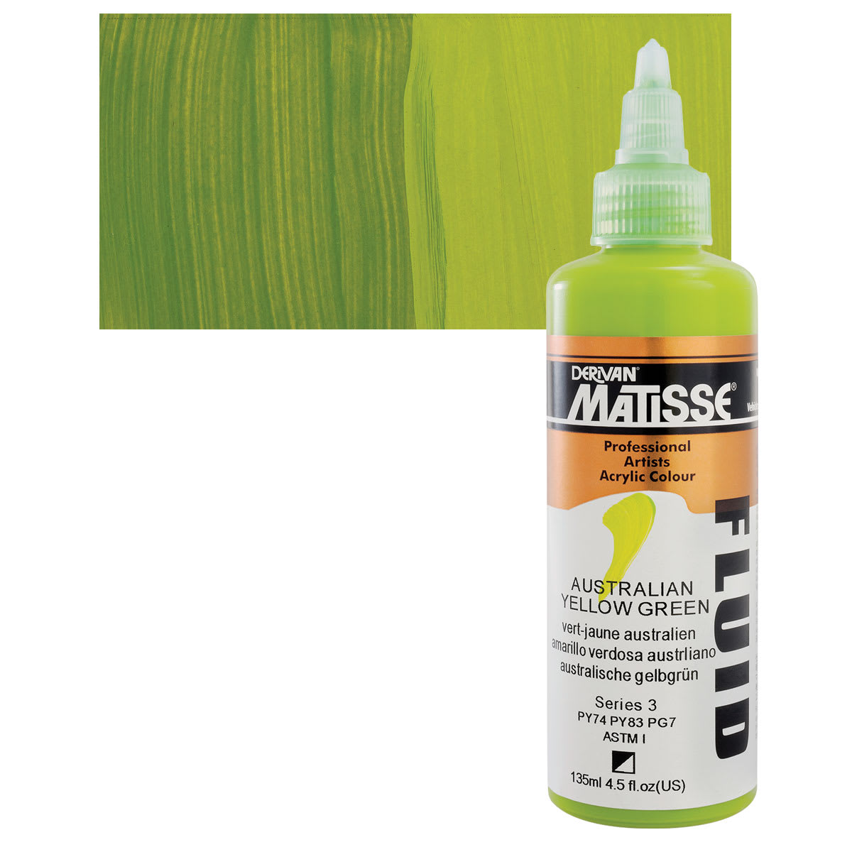 Matisse Fluid Acrylic - Australian Yellow Green, 135 ml bottle and swatch