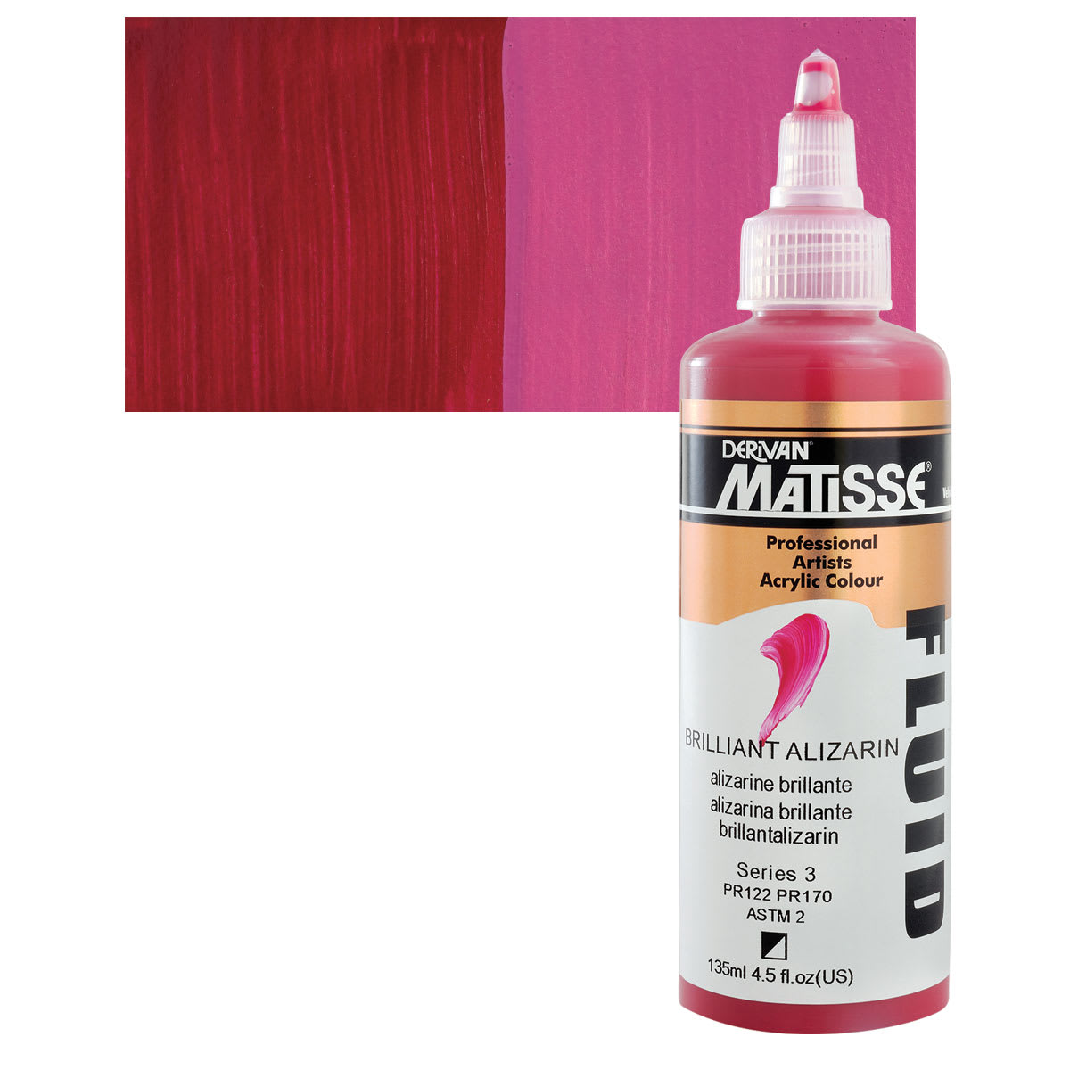 Matisse Fluid Acrylic - Brilliant Alizarin, 135 ml bottle and swatch