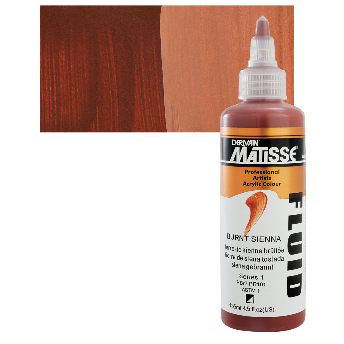 Matisse Fluid Acrylic - Burnt Sienna, 135 ml bottle and swatch
