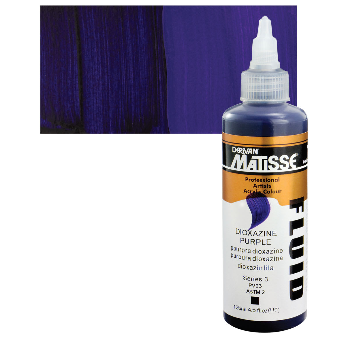 Matisse Fluid Acrylic - Dioxazine Purple, 135 ml bottle and swatch