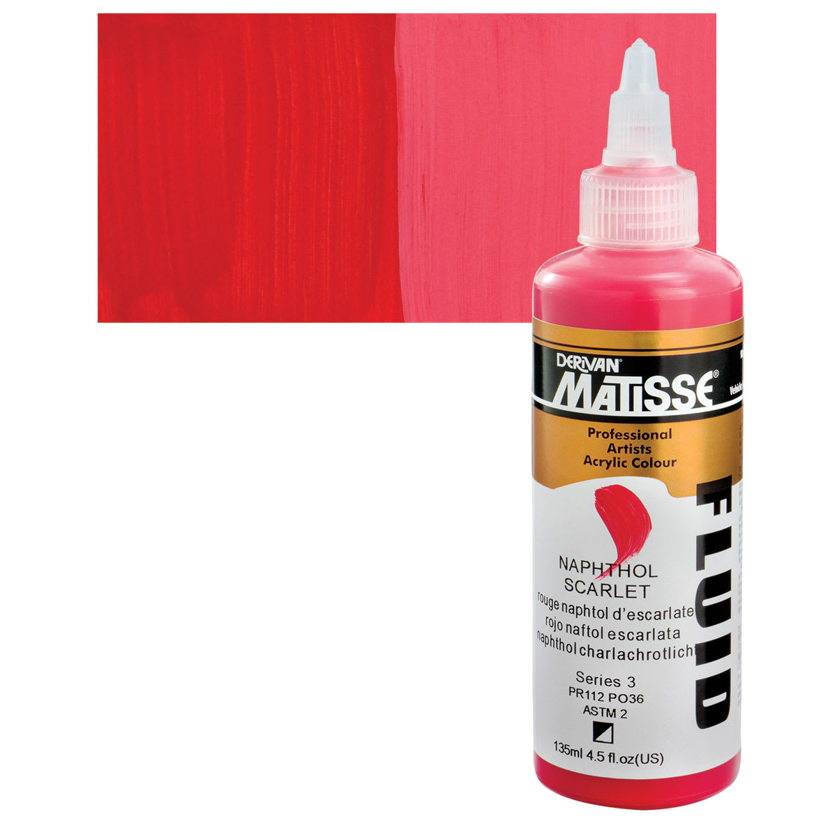 Matisse Fluid Acrylic - Naphthol Scarlet, 135 ml bottle and swatch