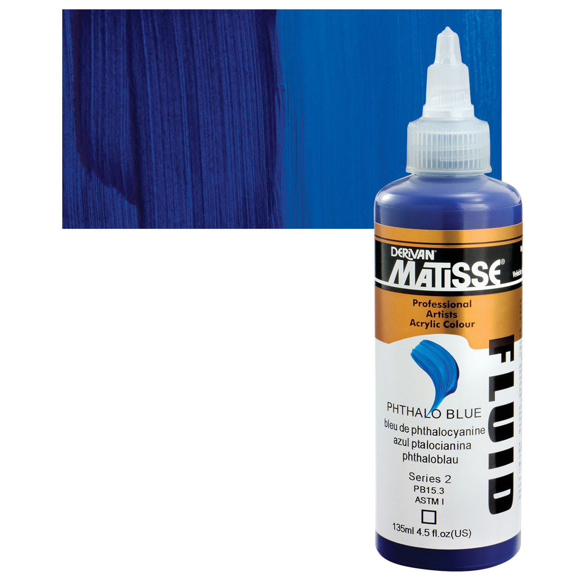 Matisse Fluid Acrylic - Phthalo Blue, 135 ml bottle and swatch