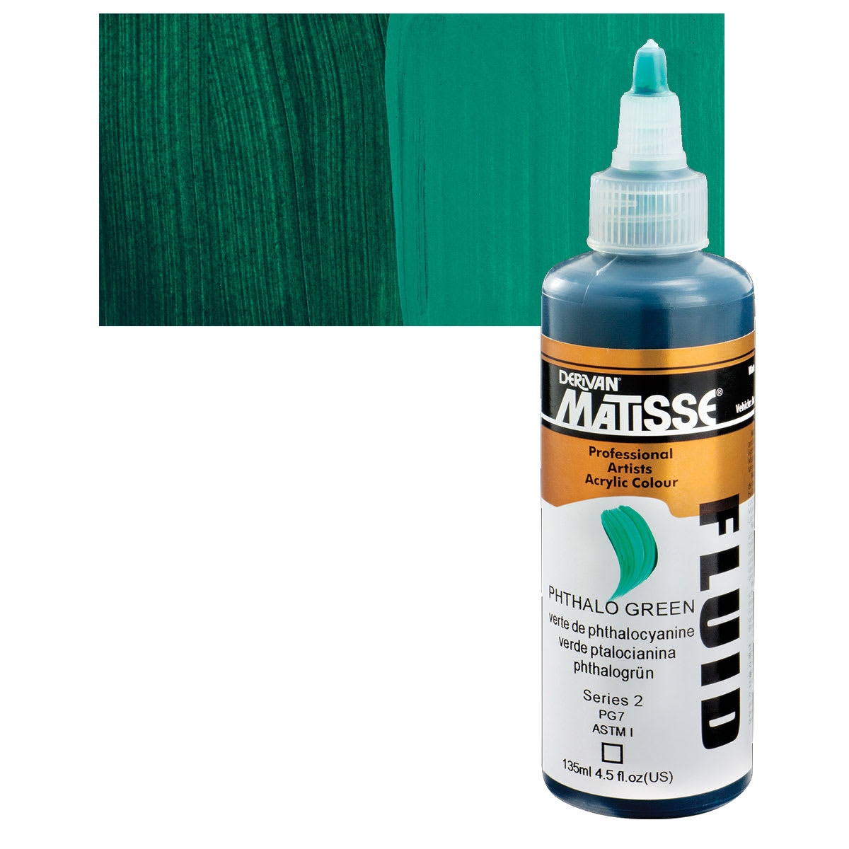 Matisse Fluid Acrylic - Phthalo Green, 135 ml bottle and swatch