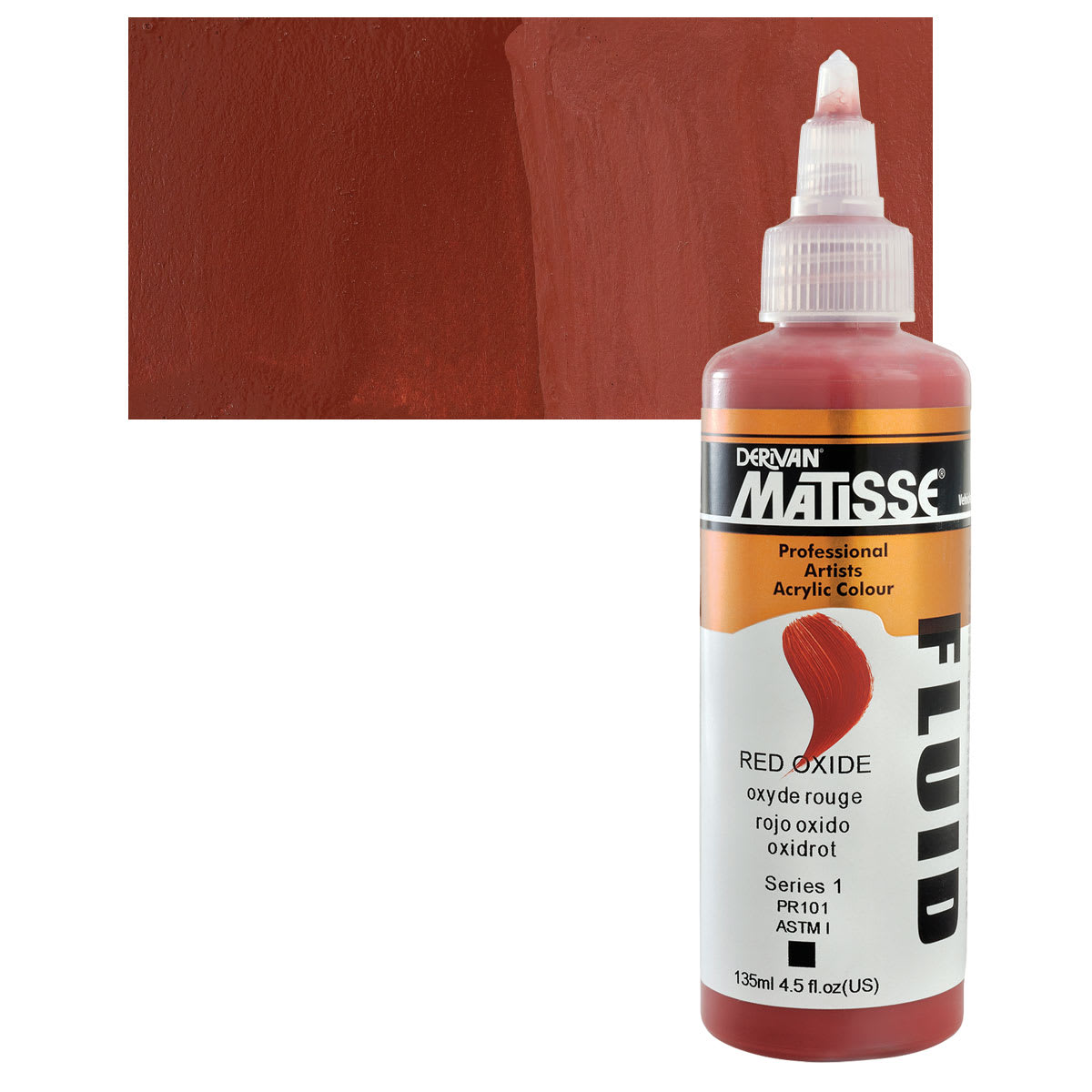 Matisse Fluid Acrylic - Red Oxide, 135 ml bottle and swatch