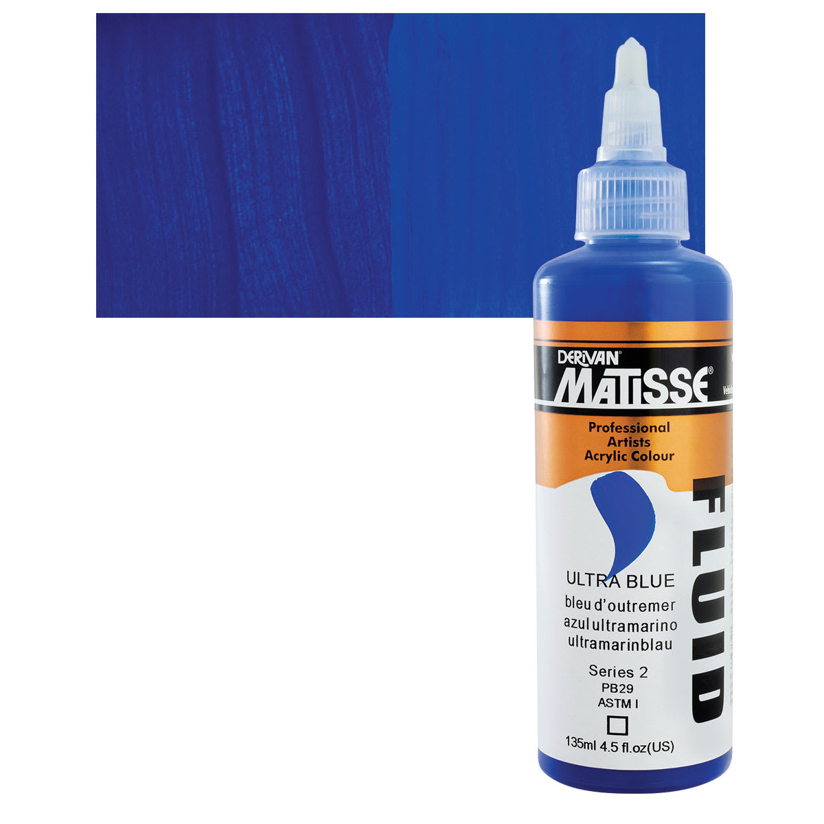 Matisse Fluid Acrylic - Ultra Blue, 135 ml bottle and swatch