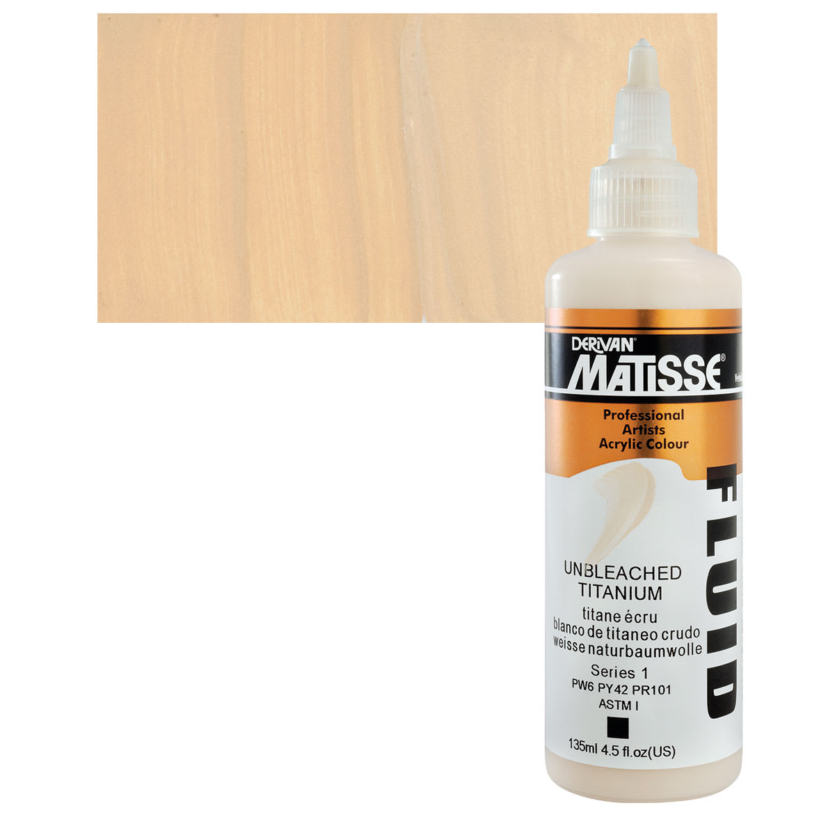 Matisse Fluid Acrylic - Unbleached Titanium, 135 ml bottle and swatch