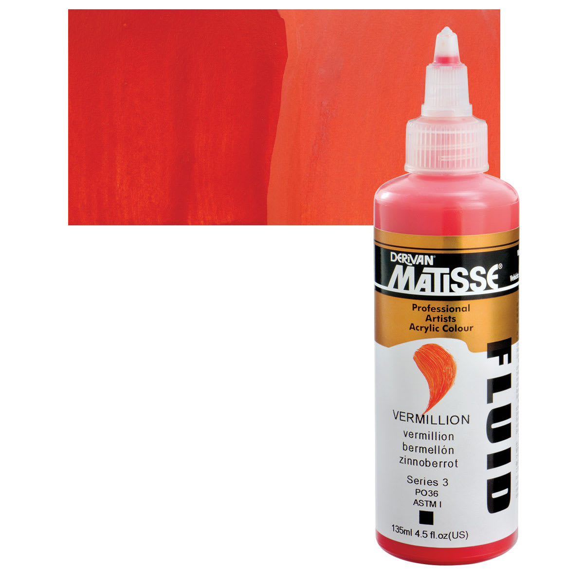 Matisse Fluid Acrylic - Vermillion, 135 ml bottle and swatch