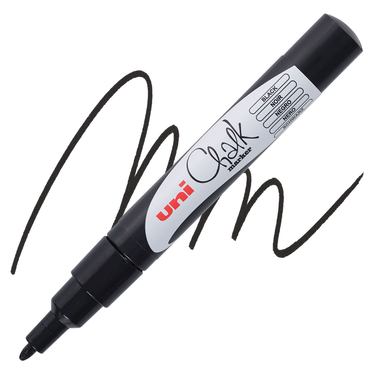 Uni Chalk Marker - Black, 1.3 mm marker and swatch