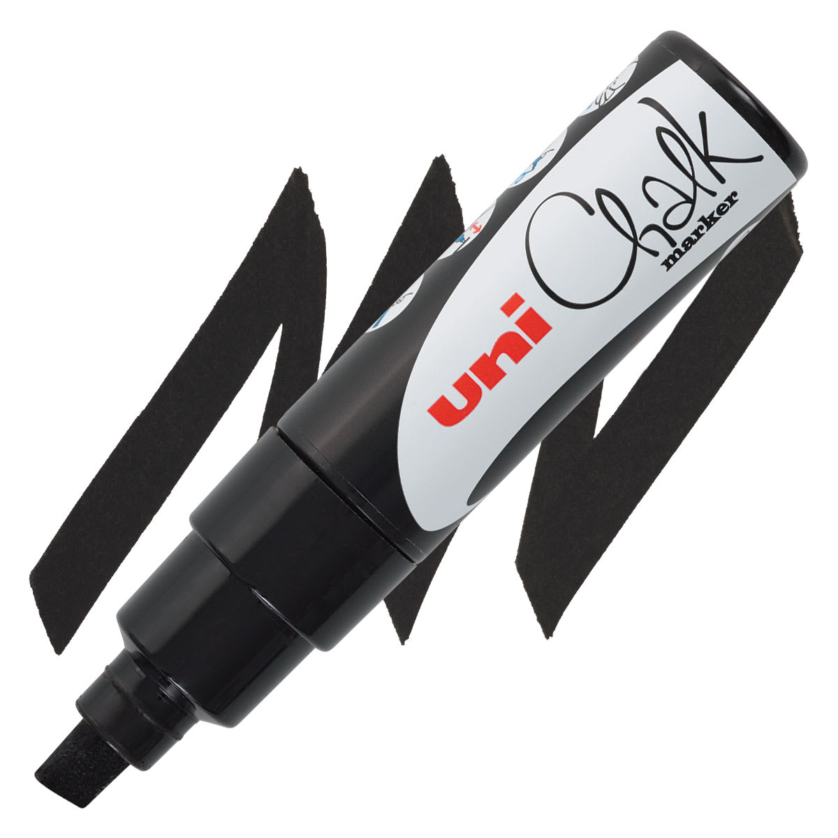 Uni Chalk Marker - Black, 8 mm marker and swatch