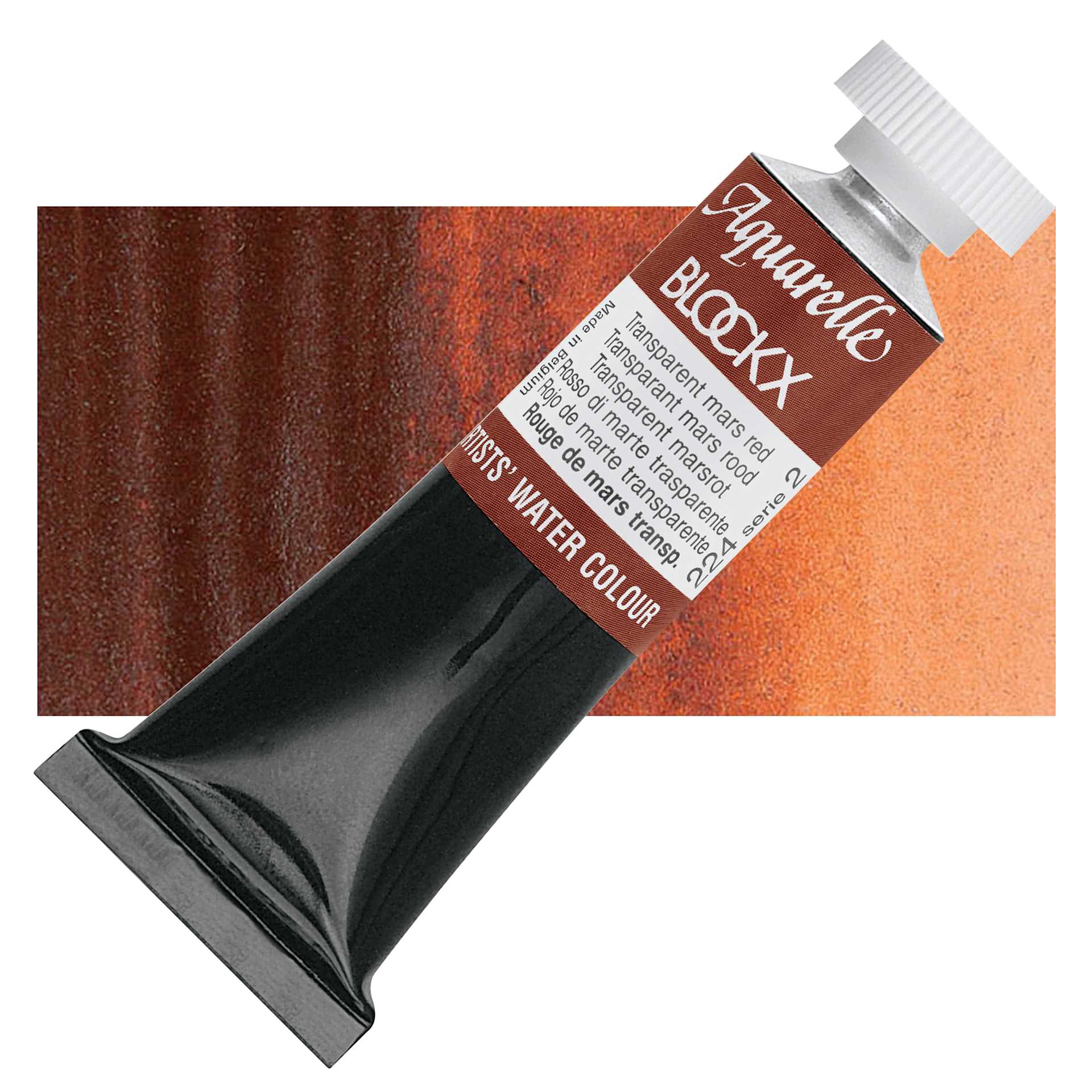 Blockx Artists' Watercolor - Transparent Mars Red, 15 ml Tube and swatch