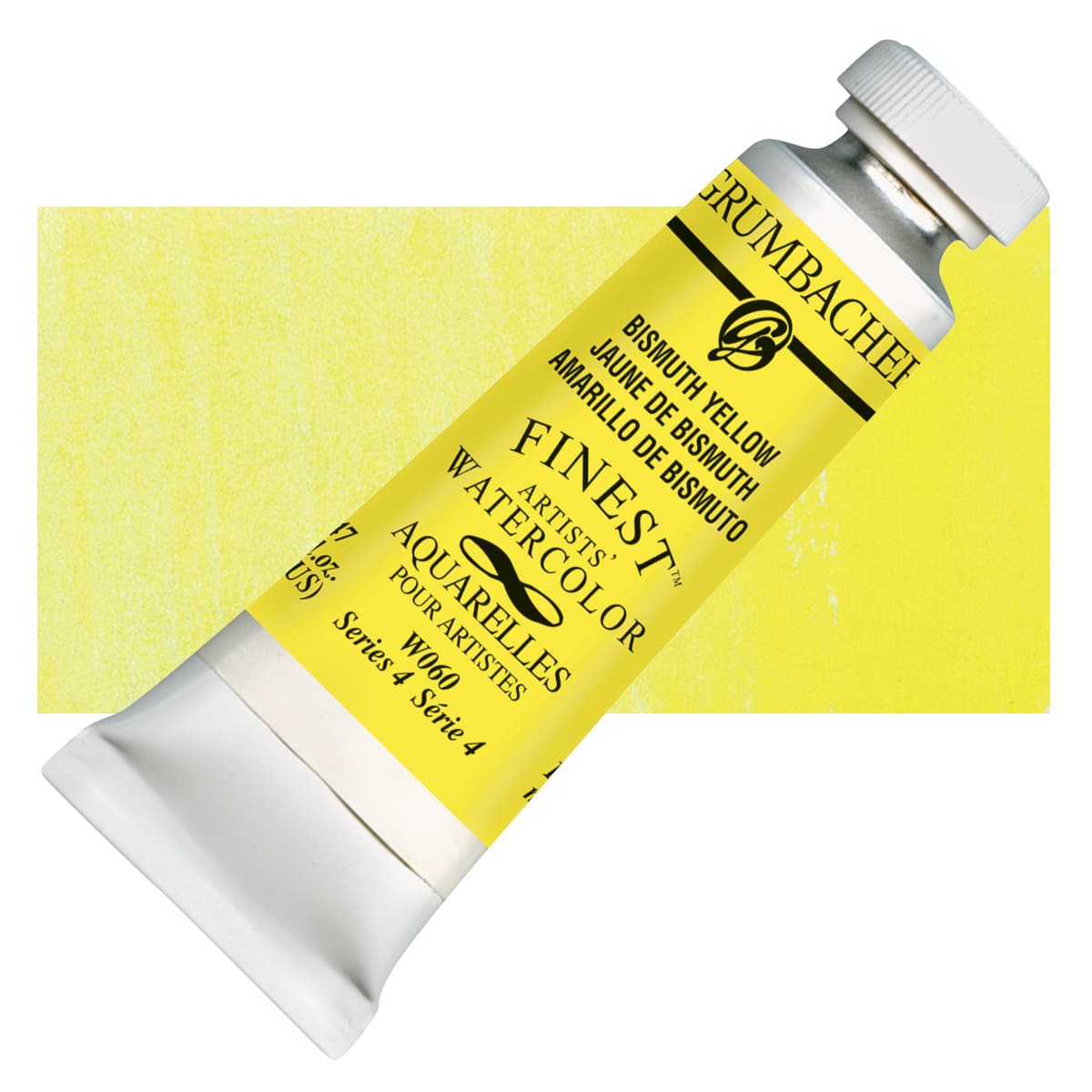 Grumbacher Finest Artists' Watercolor - Bismuth Yellow, 14 ml tube and swatch