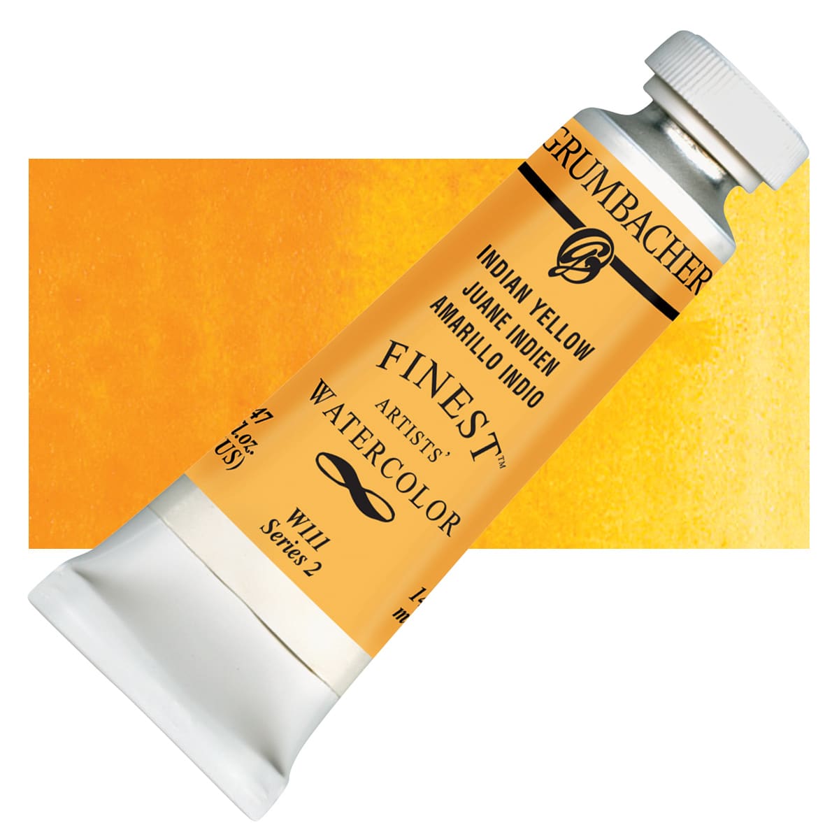 Grumbacher Finest Artists' Watercolor - Indian Yellow, 14 ml tube and swatch