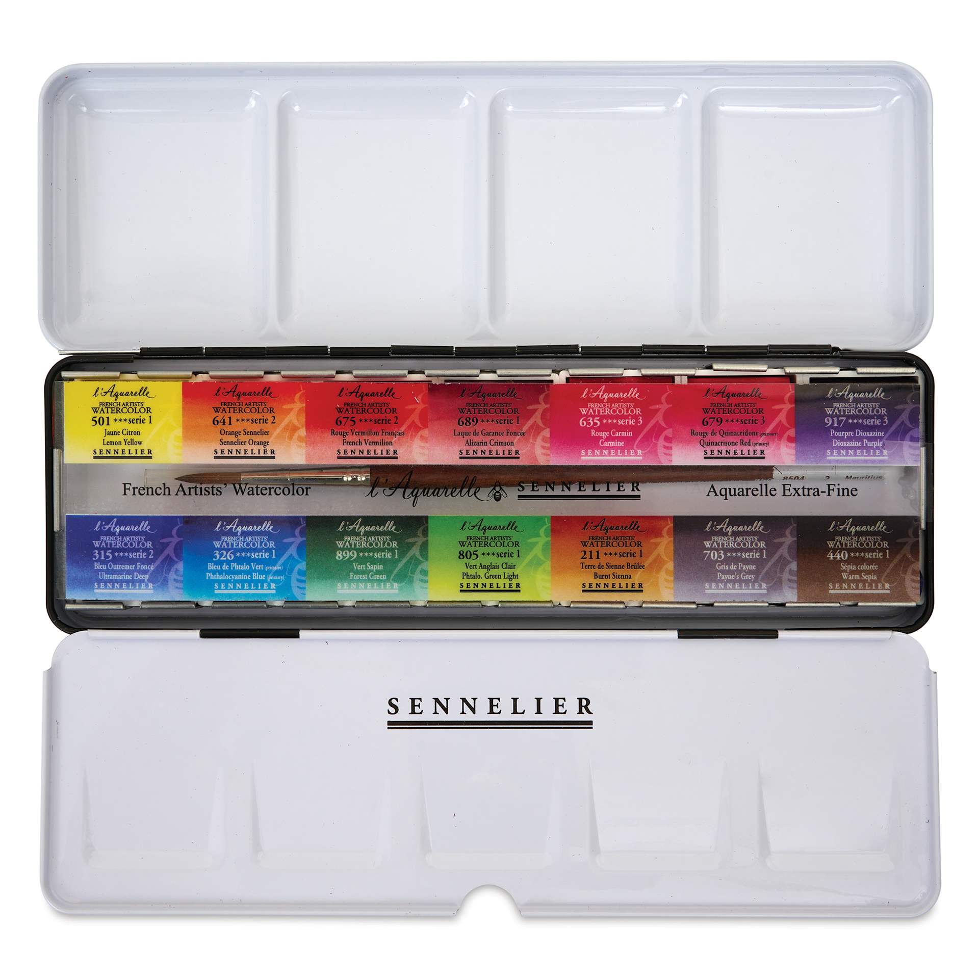 Sennelier French Artists' Watercolors - Set of 14, Metal Case, Full Pans with Precision Brush