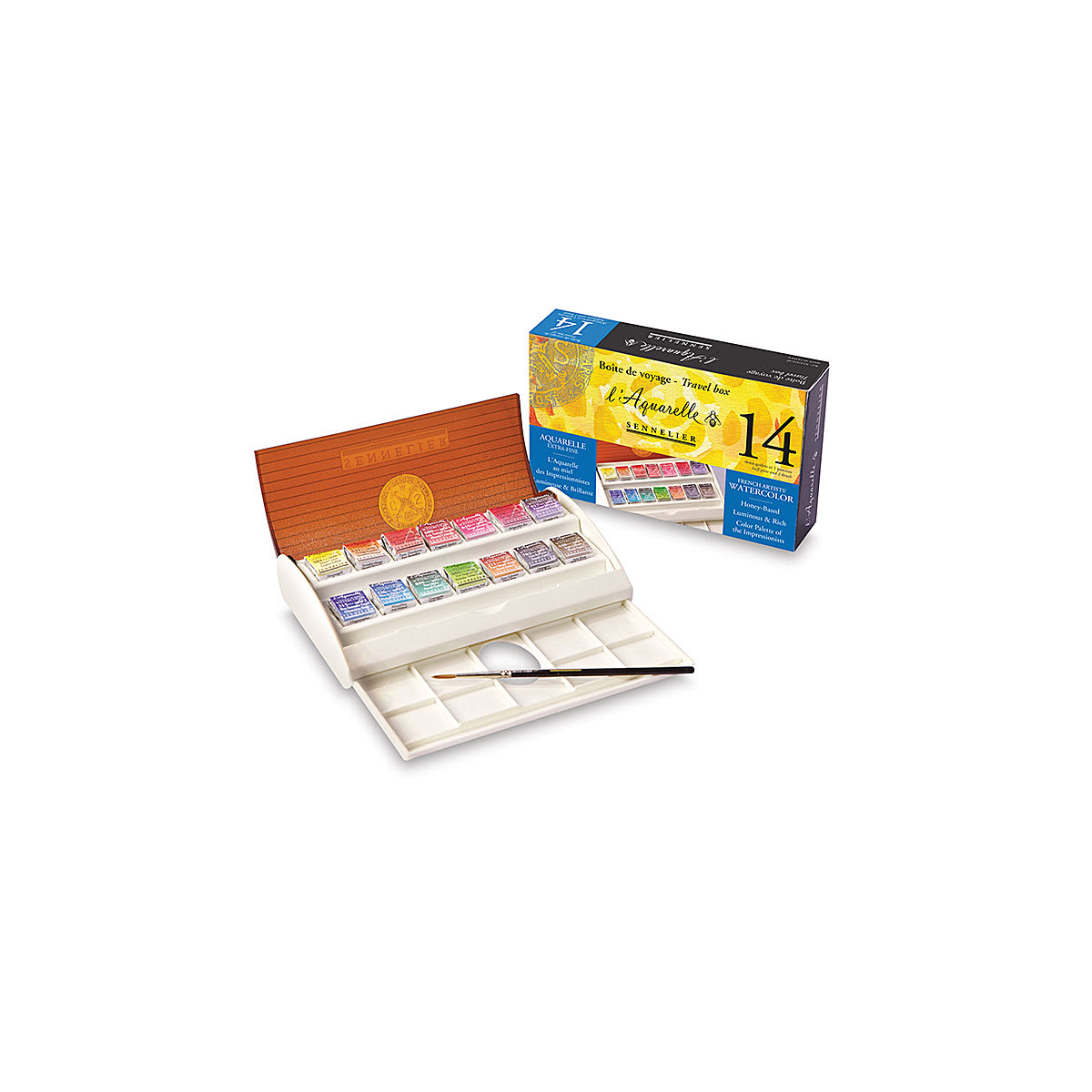 Sennelier French Artists' Watercolor Set - Travel Set of 14 colors and package