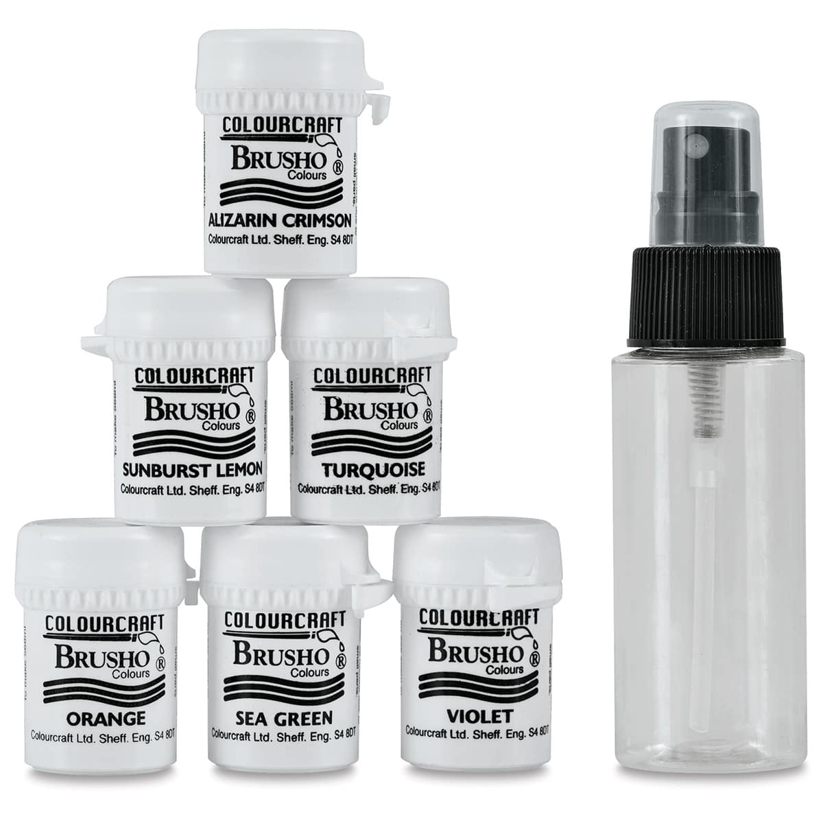 Brusho Crystal Colours - Components of the Craft Spritzer set shown