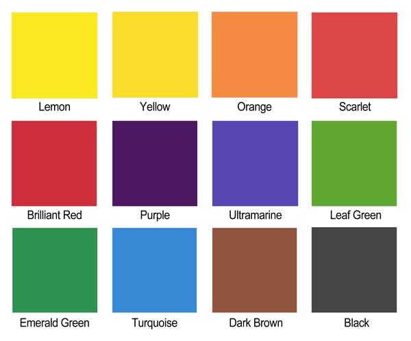 Brusho Crystal Colours - Swatches showing colors included in Assorted Set of 12