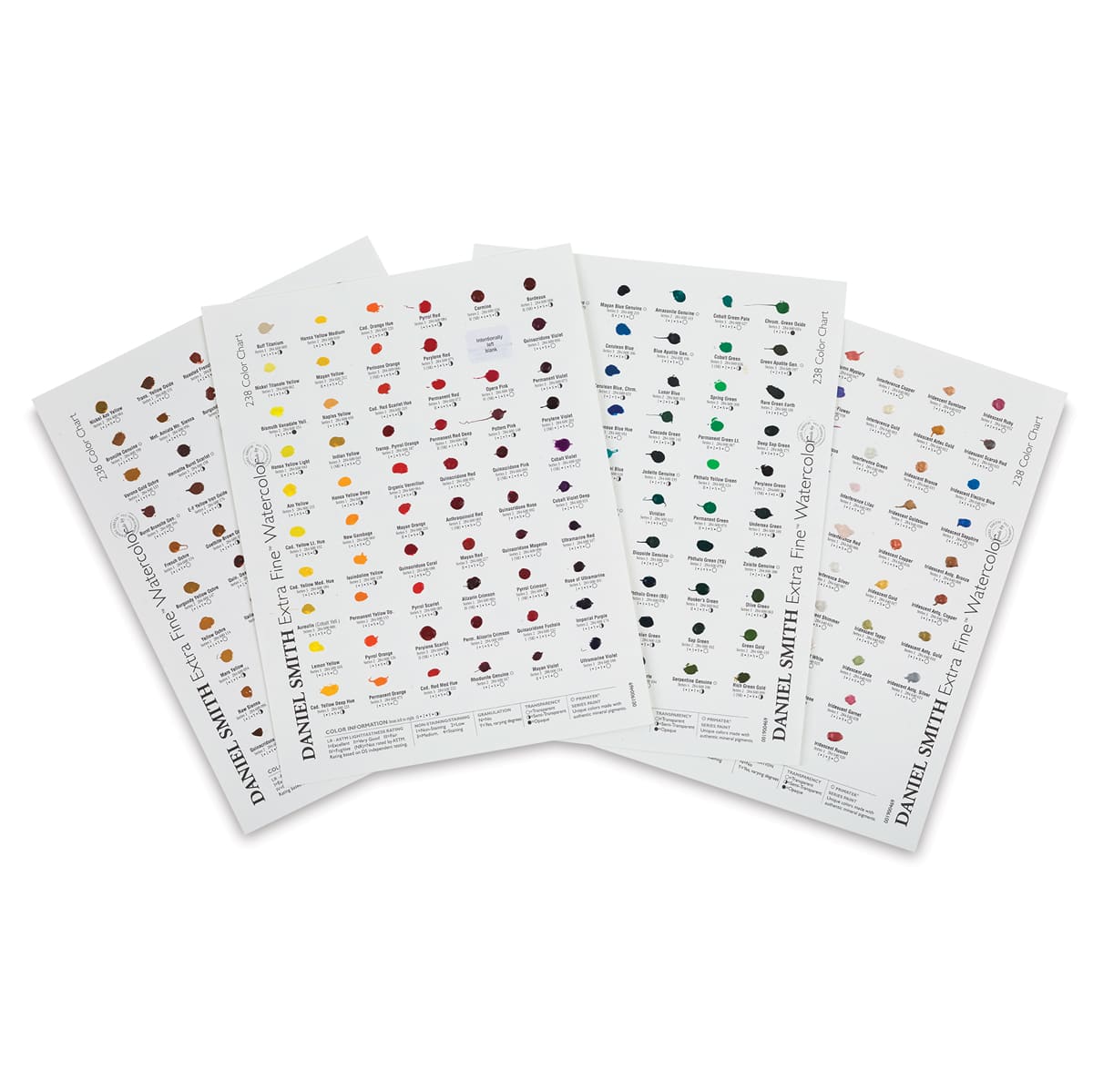 Daniel Smith Extra Fine Watercolors - 238 Color Dot Card. Four cards with paint sample dots.