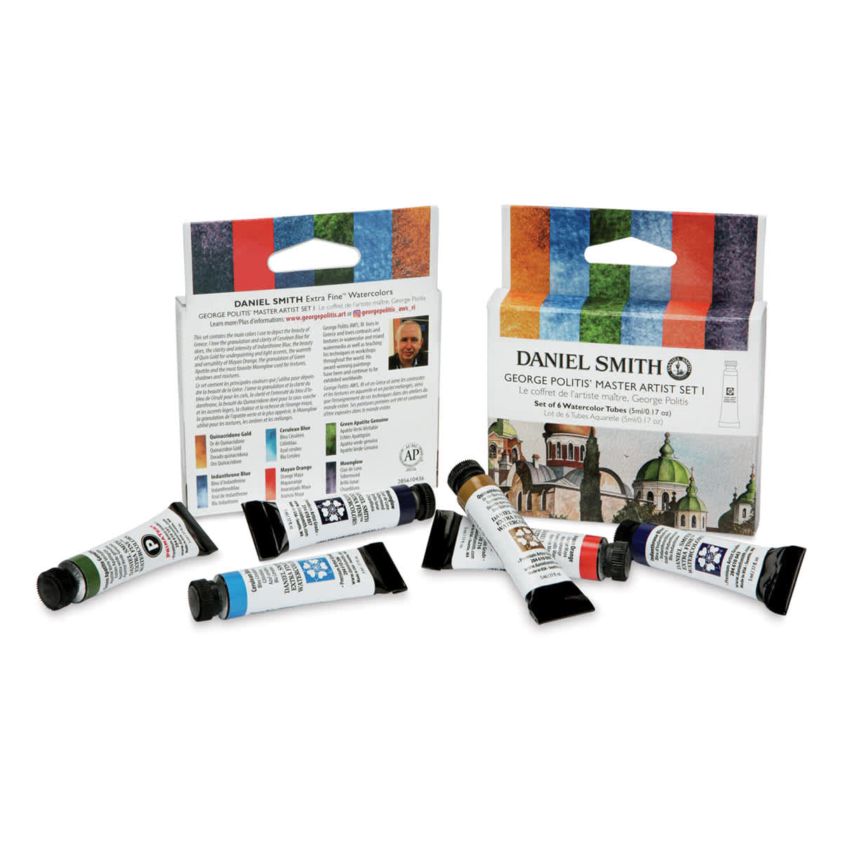 Daniel Smith Extra Fine Watercolor - George Politis Master Artist I, Set of 6, 5 ml, Tubes (Tubes shown with front and back of packaging)