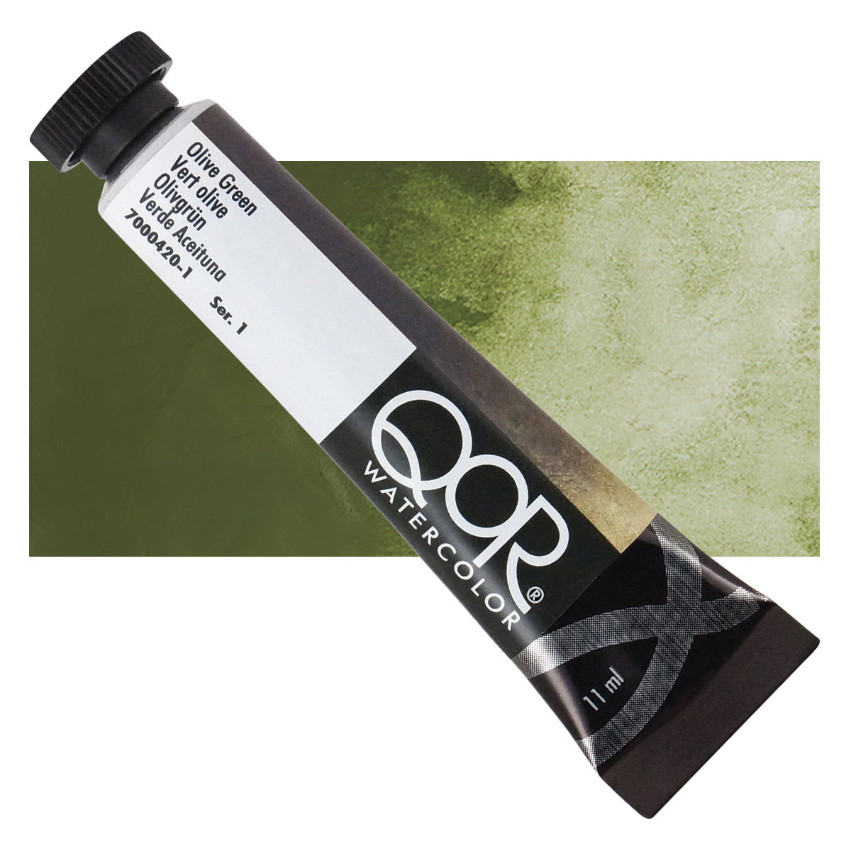 QoR Modern Watercolor - Olive Green, 11 ml tube and swatch