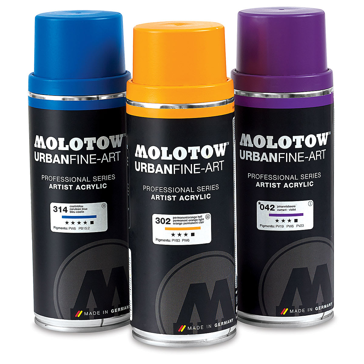Molotow Urban Fine-Art Artist Acrylic Spray Paint - Front view of Blue, Orange and Purple cans