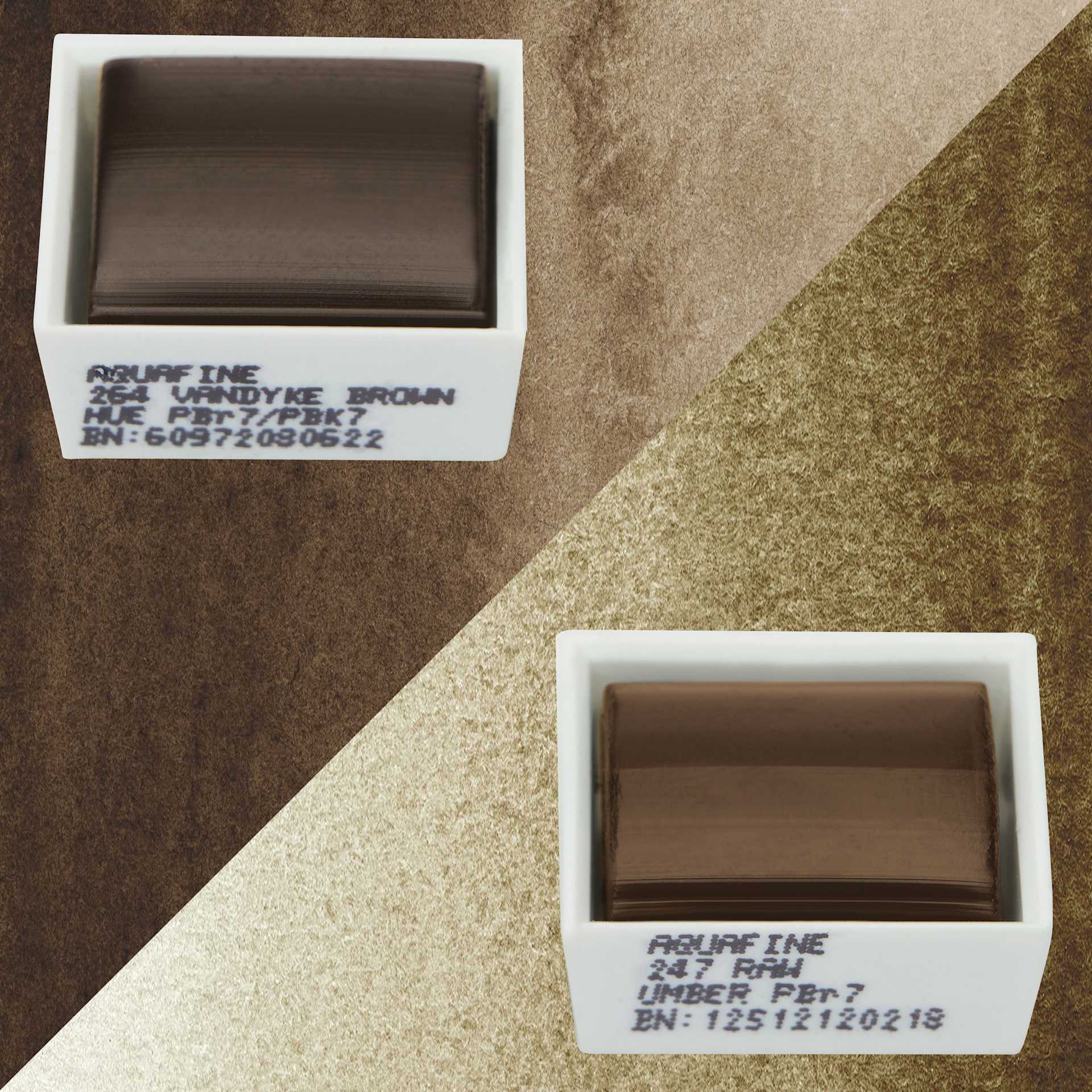 Daler-Rowney Aquafine Watercolors - Set of 2, Vandyke Brown Hue and Raw Umber, Half Pans and swatches