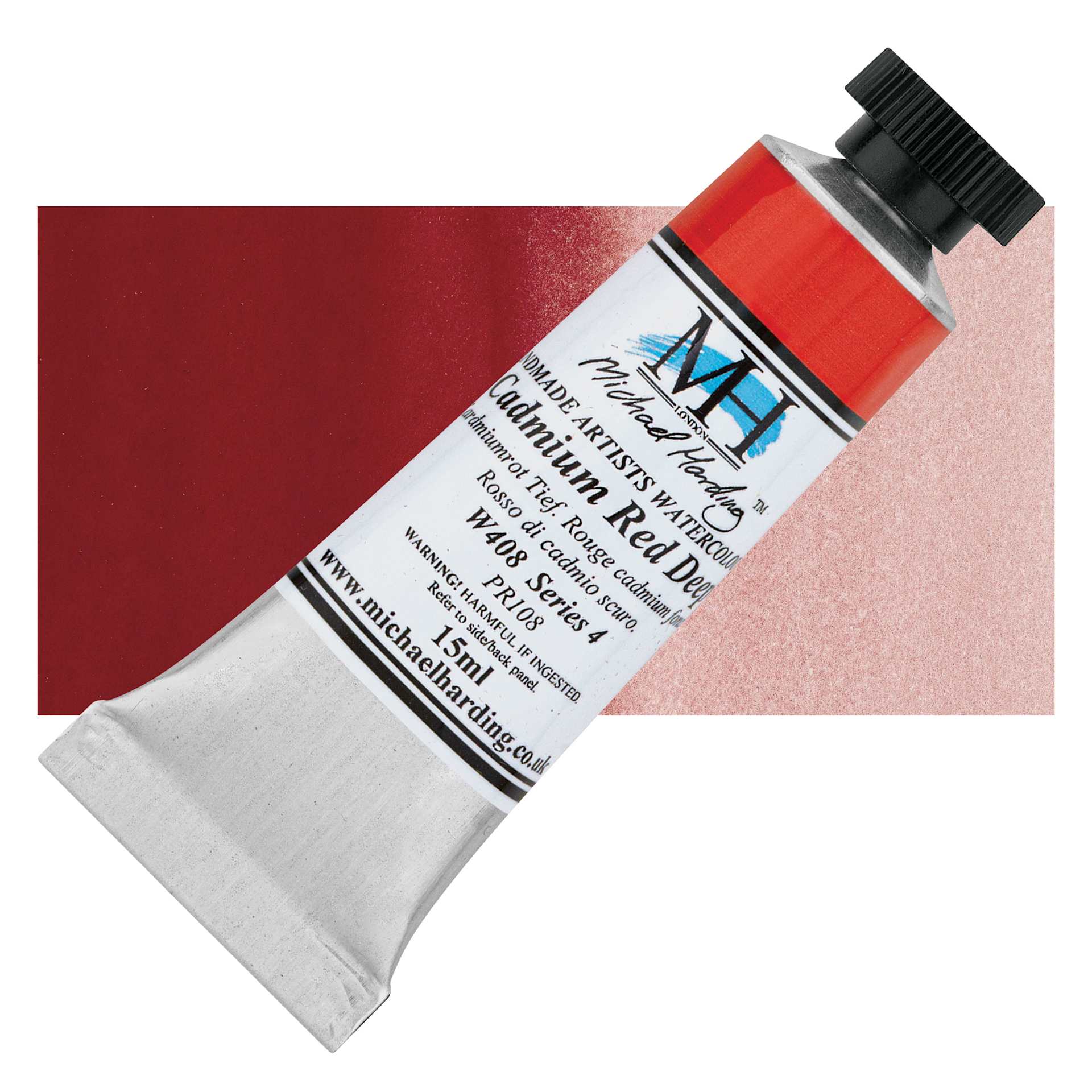 Michael Harding Artists Watercolor - Cadmium Red Deep, 15 ml tube and swatch
