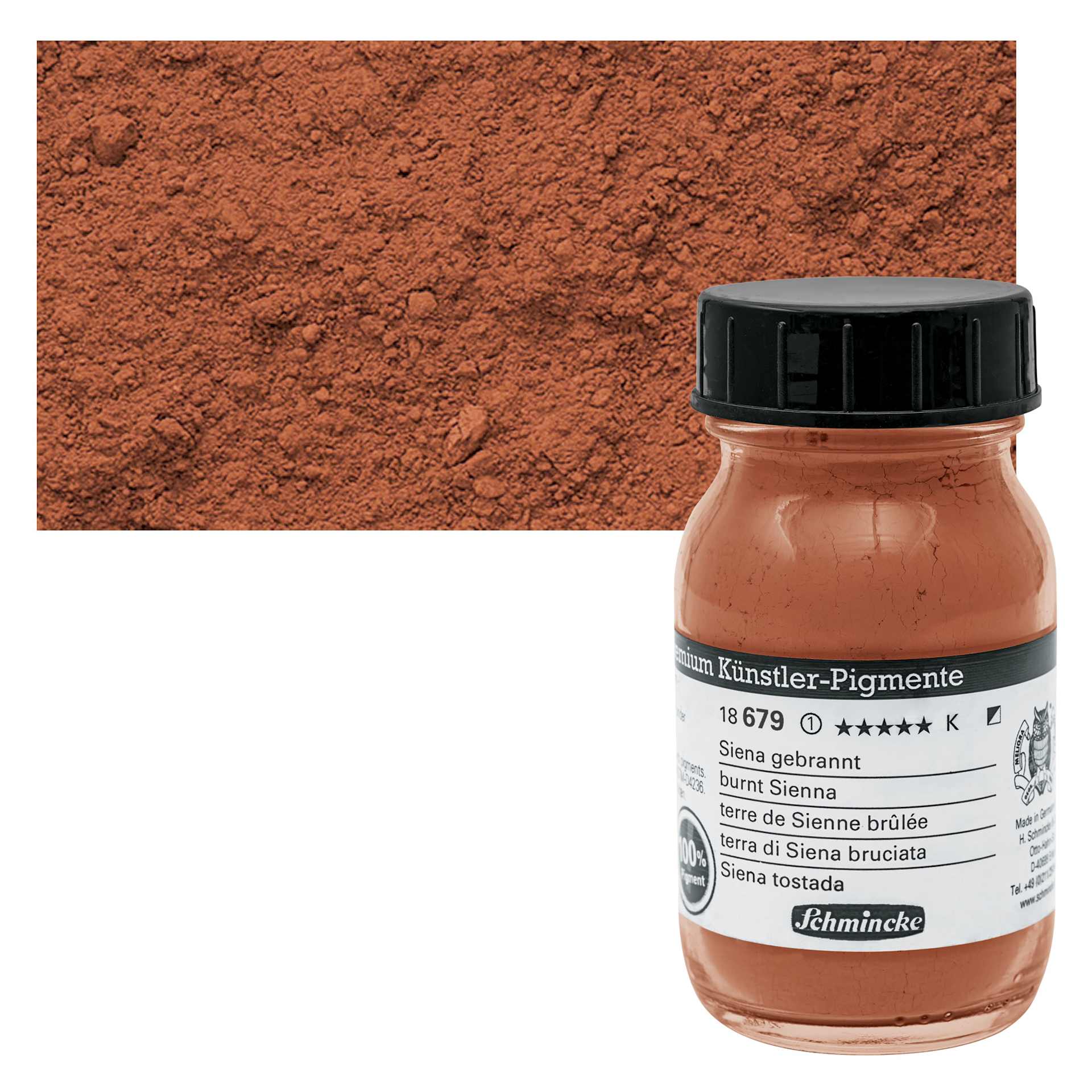 Schmincke Pigment - Burnt Sienna, 100 ml Jar and swatch