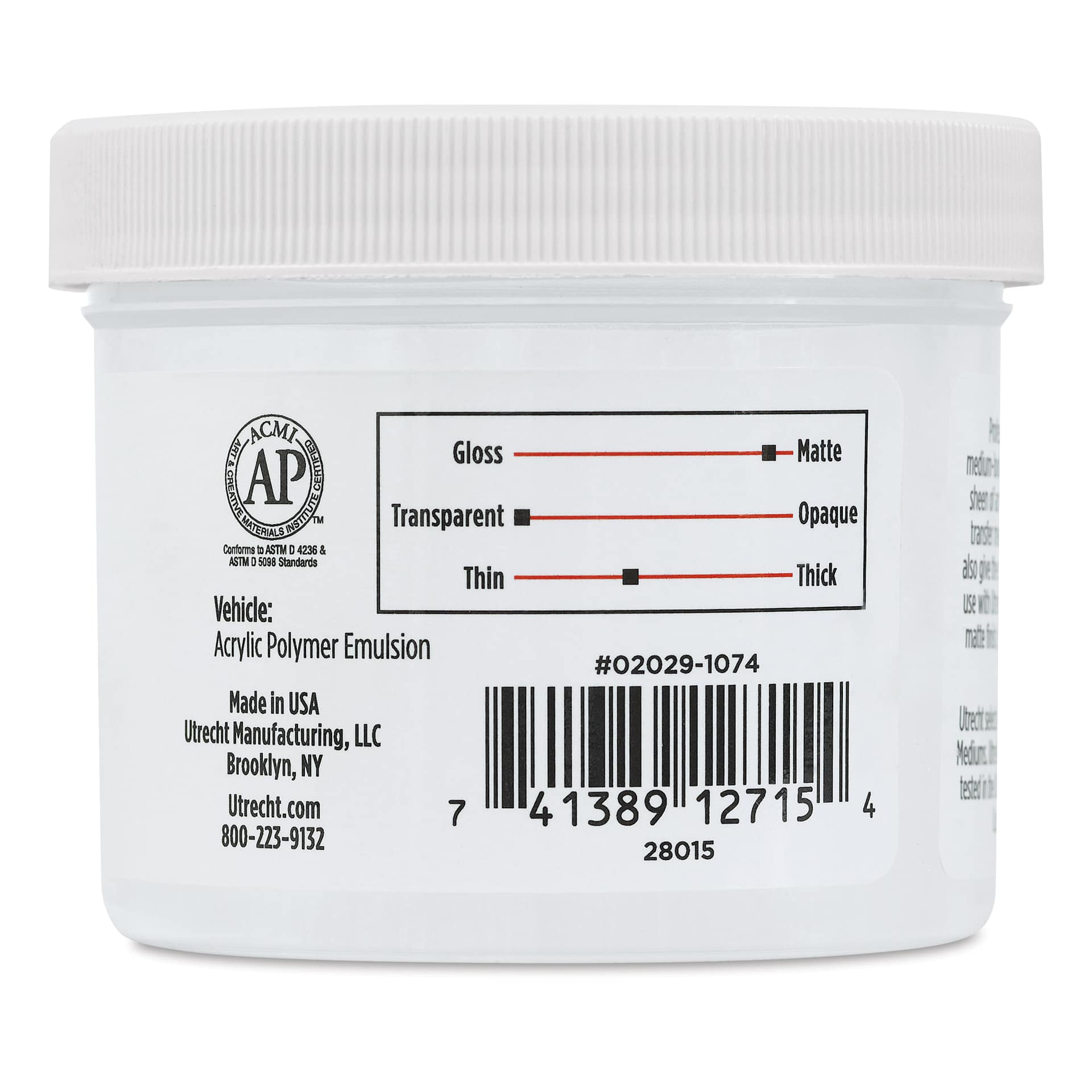 Utrecht Artists' Acrylic Fluid Medium - Matte Medium, 4 oz jar side