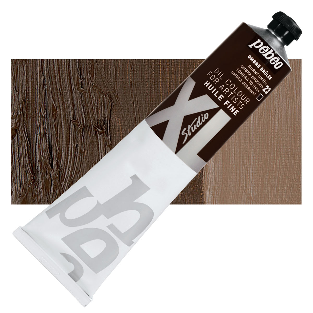 Pebeo XL Studio Oil Paint - Burnt Umber, 200 ml tube and swatch