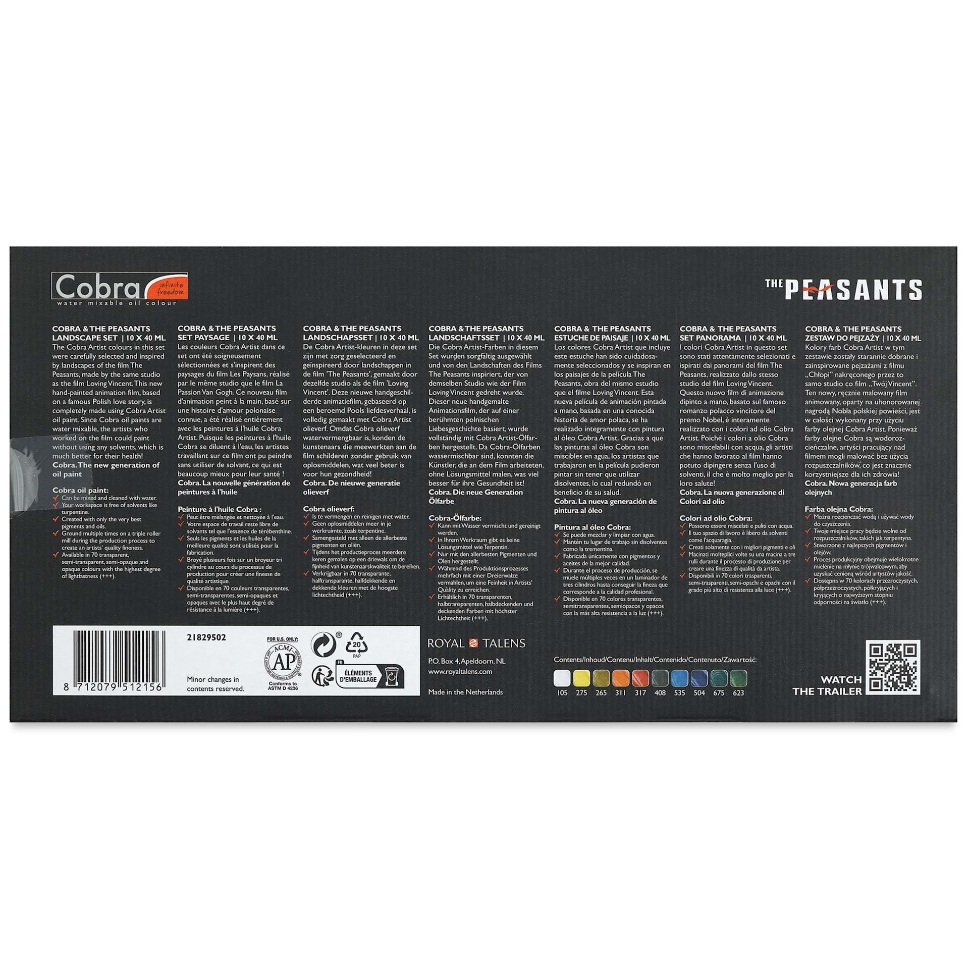 Cobra Artist Water Mixable Oil Paint - Peasants Landscape, Set of 10, 40 ml tube back of package