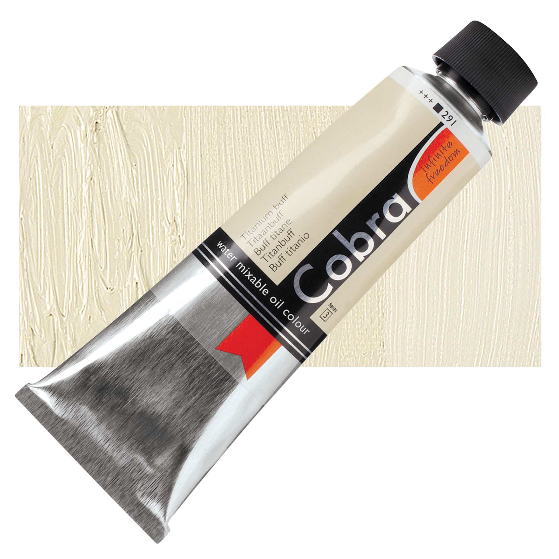 Royal Talens Cobra Water Mixable Oil Paint - Titanium Buff, 150 ml tube and swatch