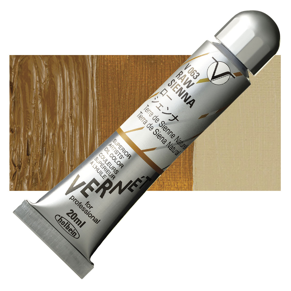 Holbein Vernét Superior Artists' Oil Paint - Raw Sienna, 20 ml tube and swatch