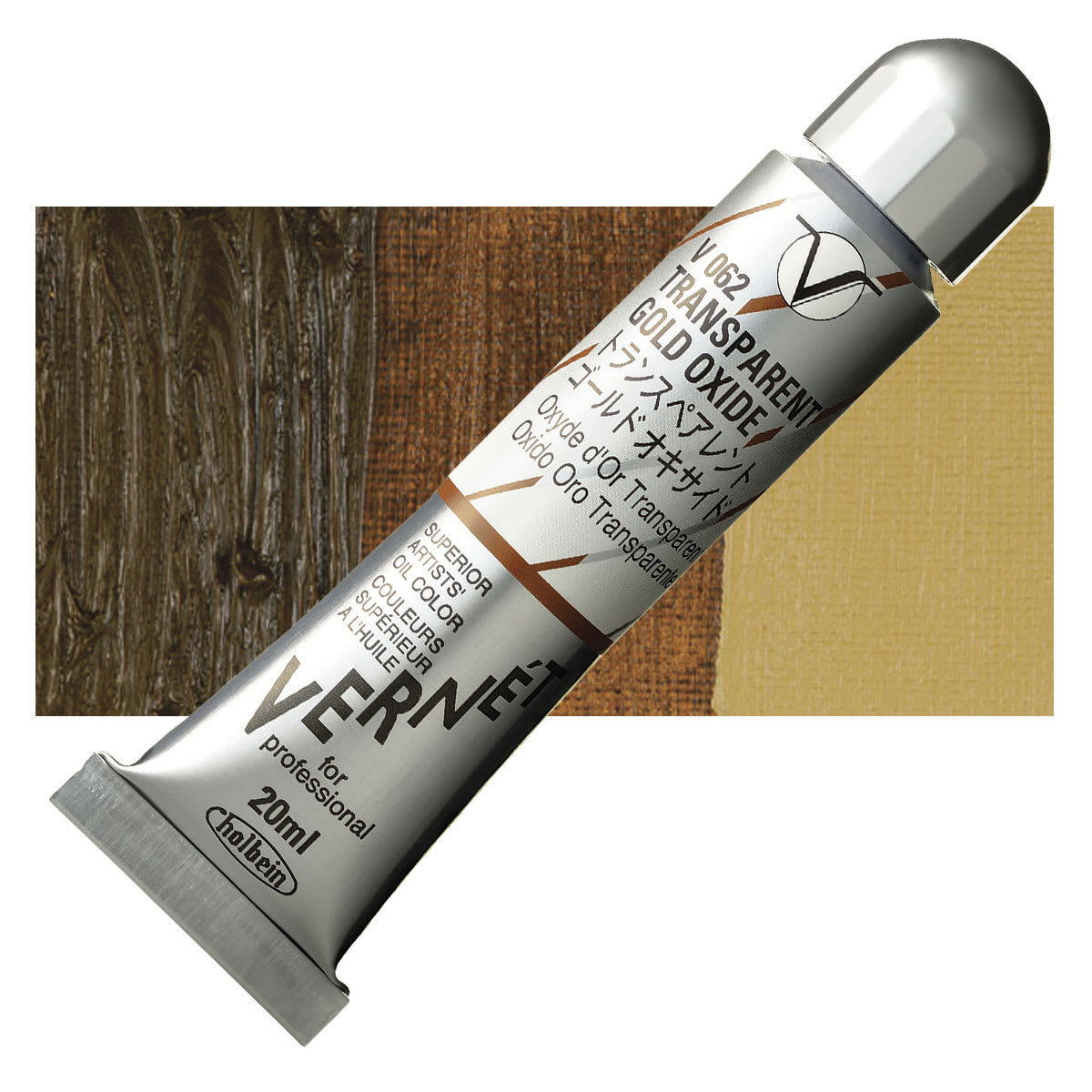 Holbein Vernét Superior Artists' Oil Paint - Transparent Gold Oxide, 20 ml tube and swatch